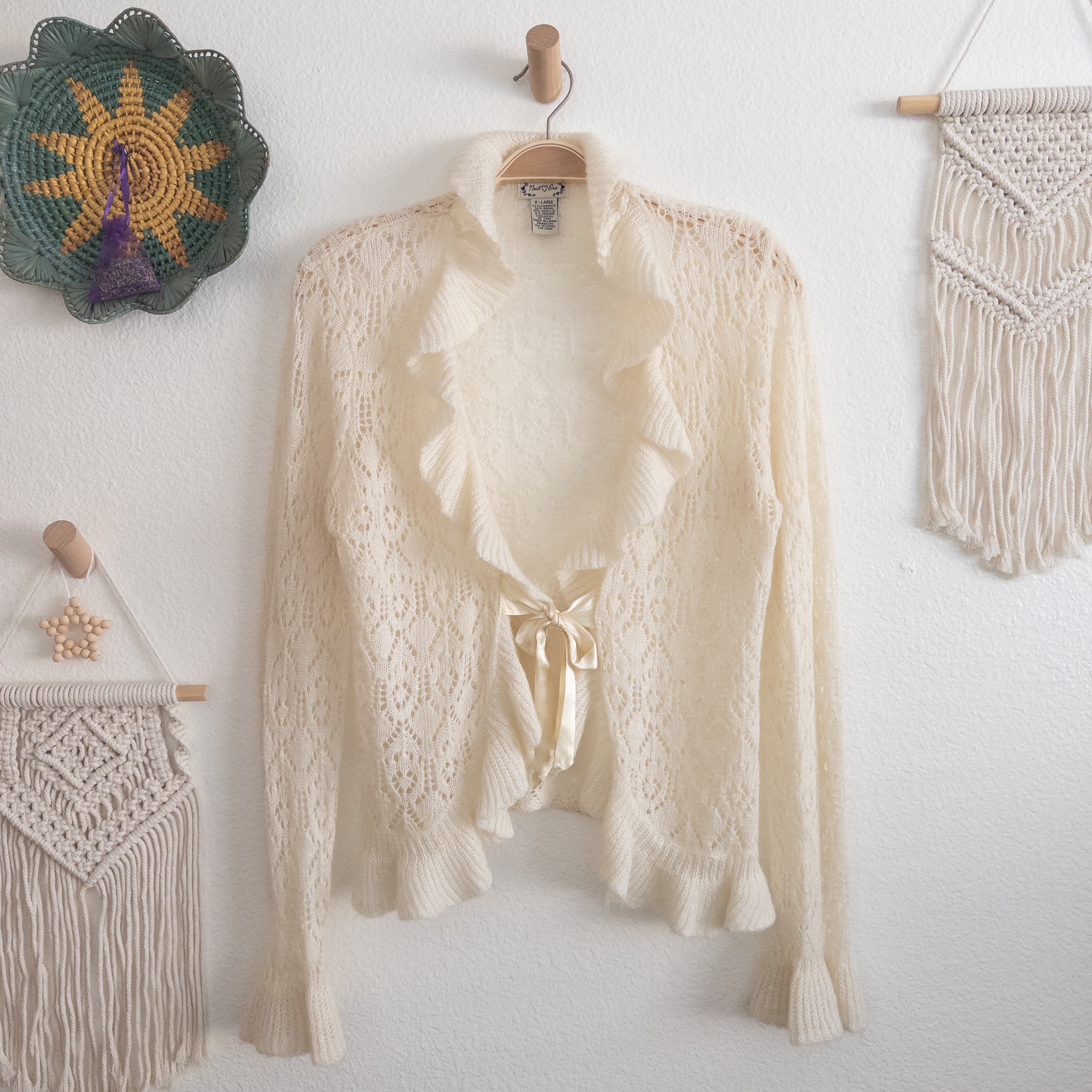 Romantic Soft Cream Cardigan with Satin Ties Ruffles and Bell Cuffs Size XL