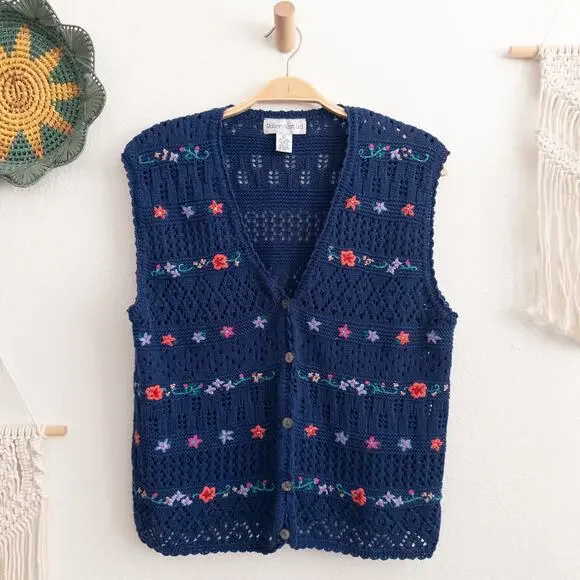  Vintage Blue Floral Knitted Vest