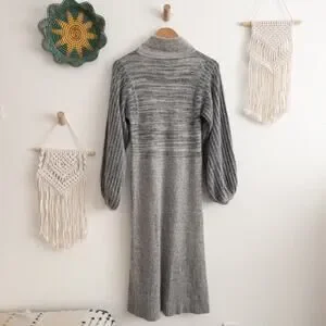 Gray Mock Neck Balloon Sleeve Midi Sweater Dress