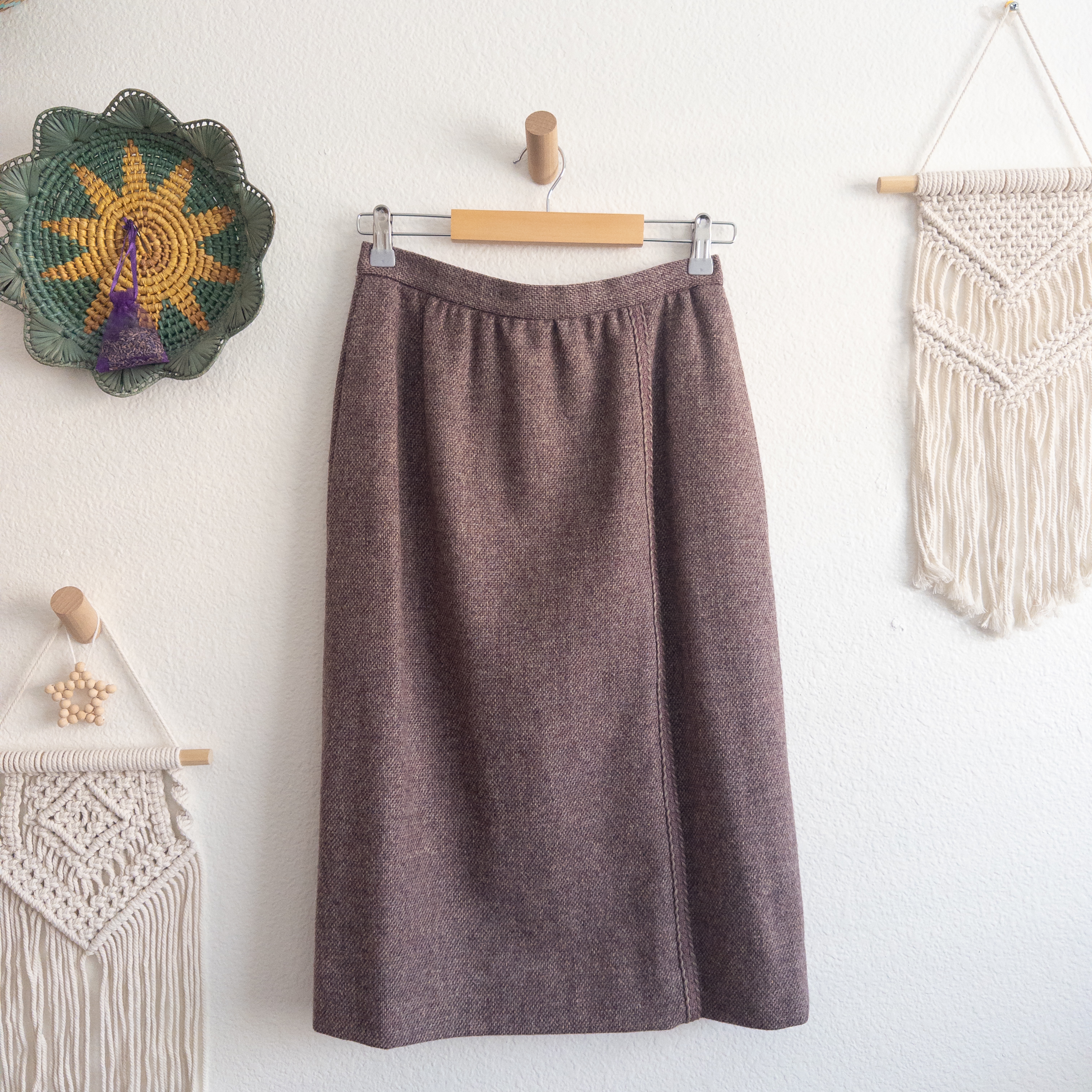 Purple Tweed Wool Midi Straight Skirt Size 10 Vintage