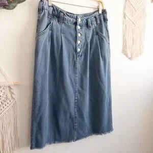 Pilcro Blue Denim Skirt Tea Length Midi Raw Hem Size 14