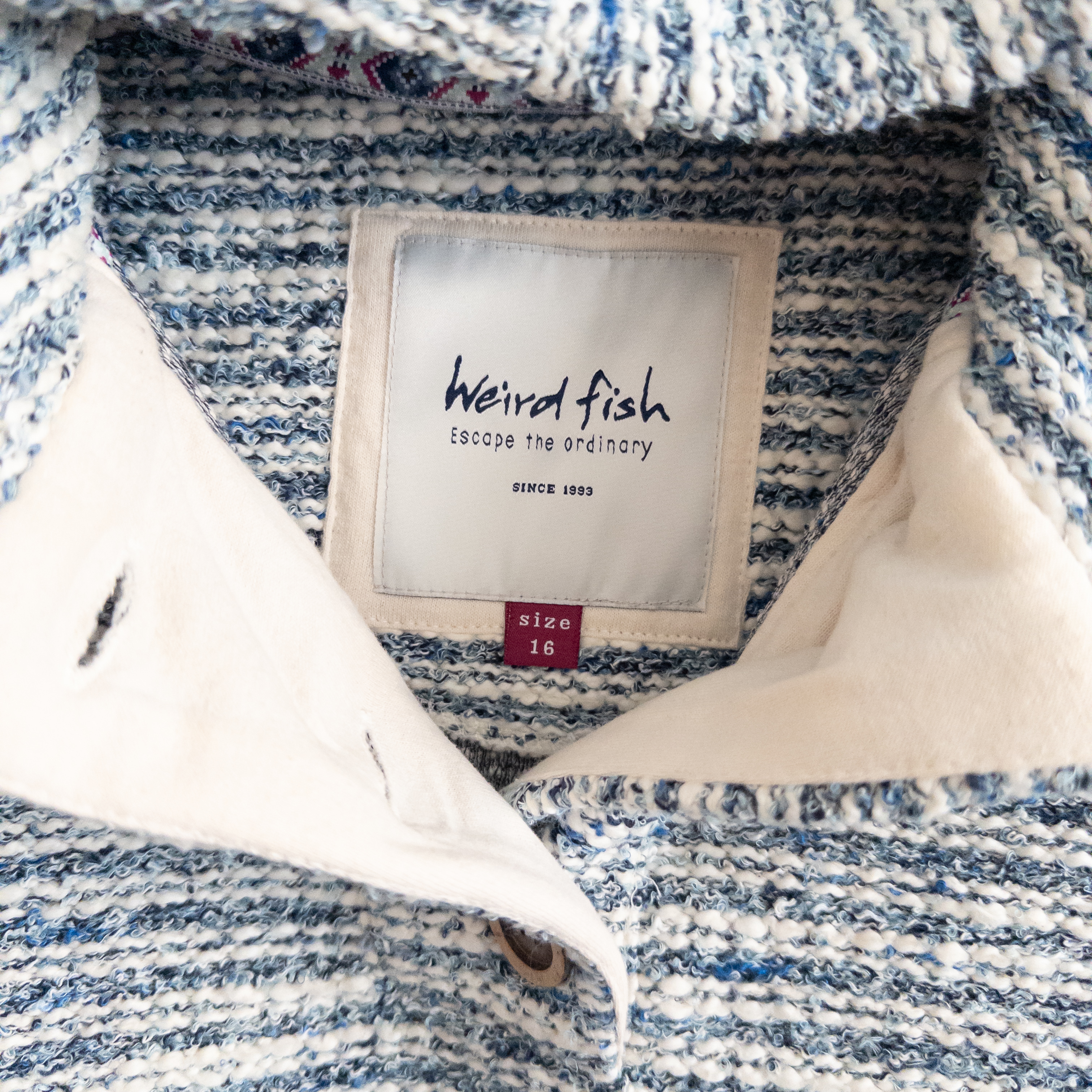 Weird Fish Estado Slub Knit Hoodie Sweatshirt Blue and White Size 16