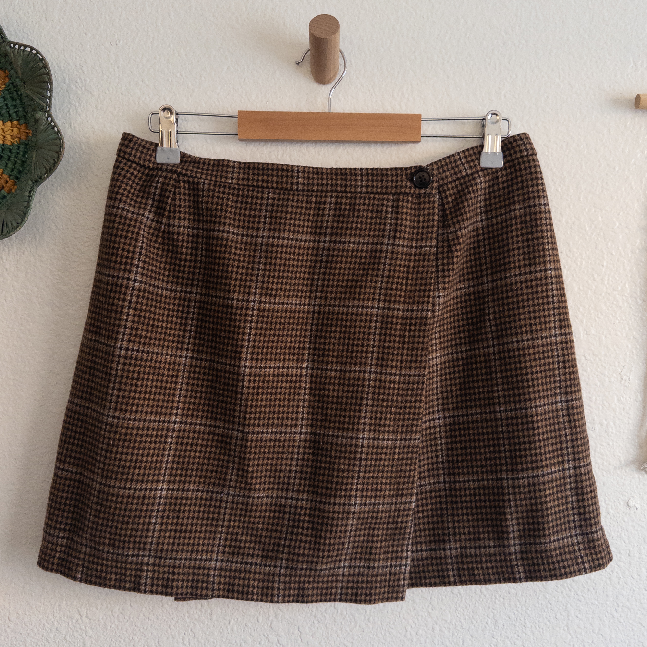Preppy Brown Wool Check Plaid Wrap Mini Skirt