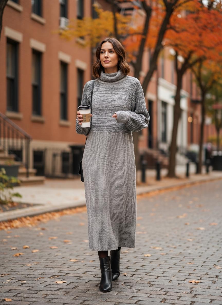 Gray Mock Neck Balloon Sleeve Midi Sweater Dress