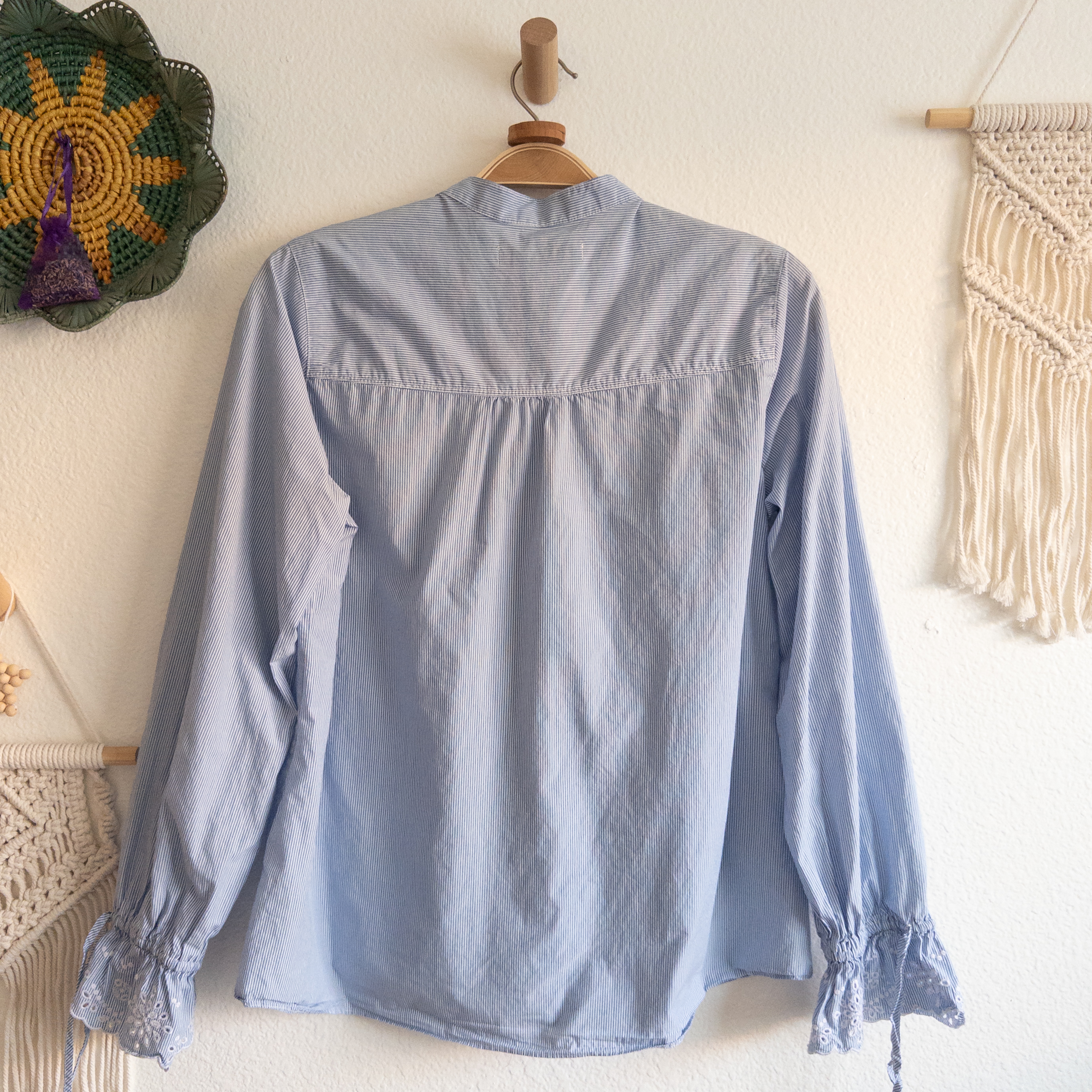 Light Blue With White Pinstripes Bell Cuffs Button-Up Blouse Size Large