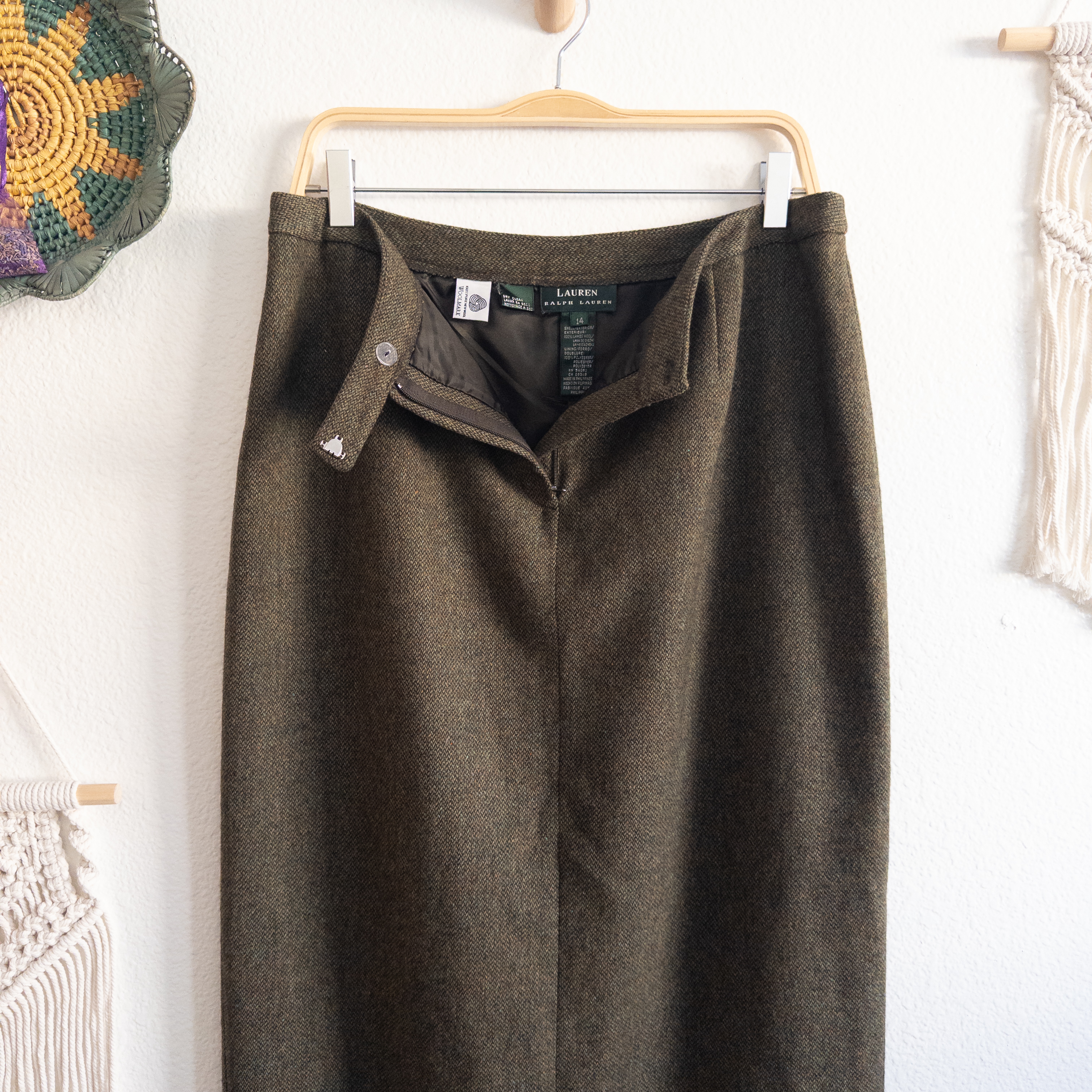 Lauren Ralph Lauren Lambswool Classic Khaki Green Wool Maxi Skirt Size 14