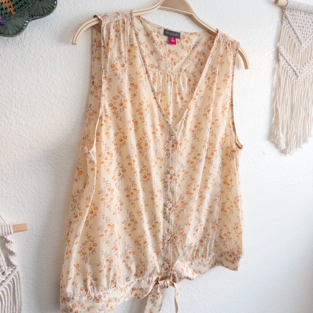 Heirloom Bouquet Natural Sand Floral Tie-Front Sleeveless Blouse Size XL