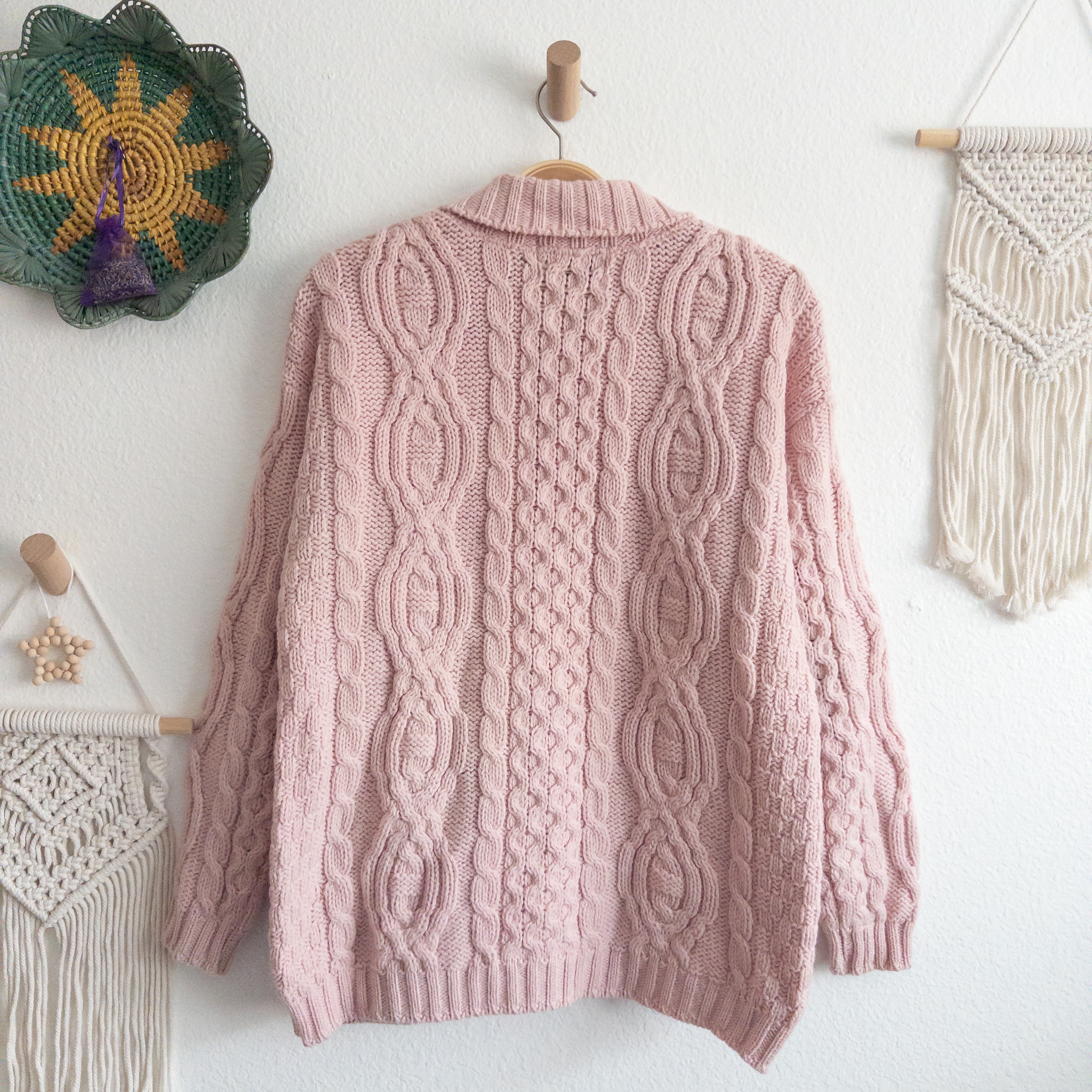 Aran Crafts 100% Merino Wool Pink Cable Knit Cardigan Zip Up Sweater Size Small