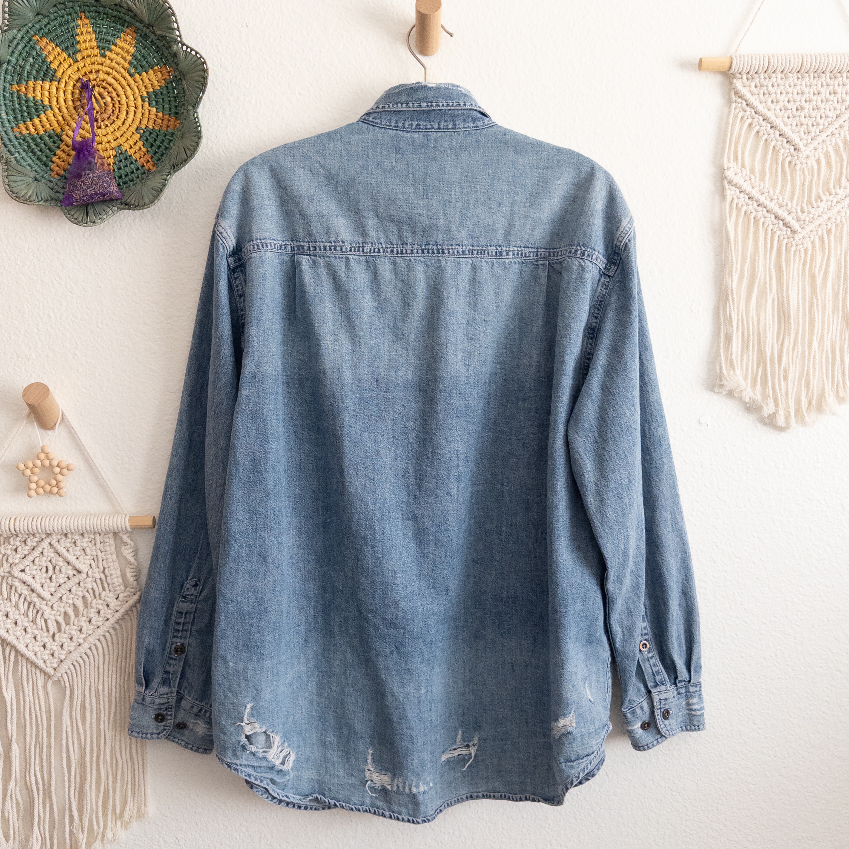 Distressed Denim Blue Button-Down Shirt Size XXL