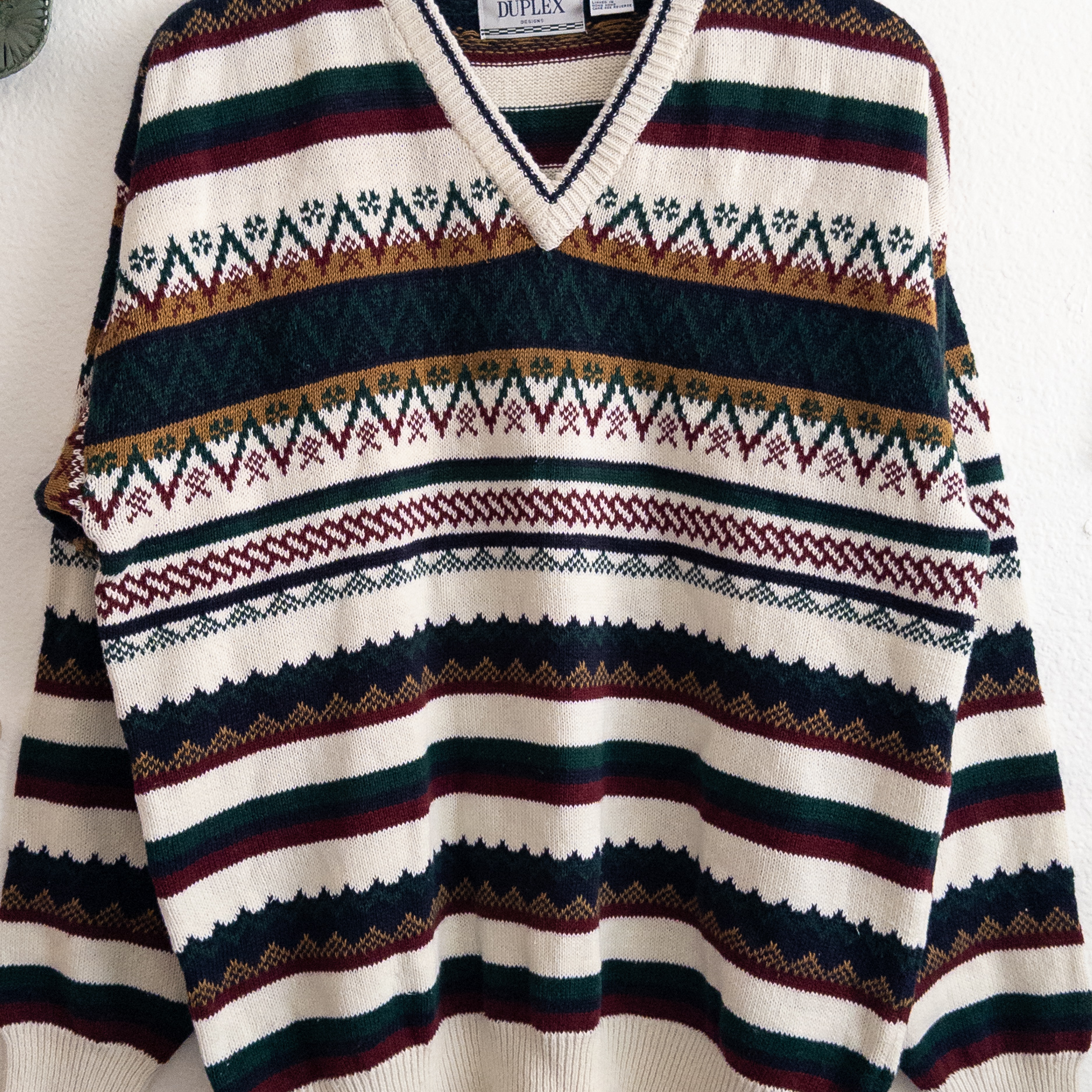 Duplex Vintage Ramie Cotton Grandpa Fair Isle Nordic Knit Sweater Large