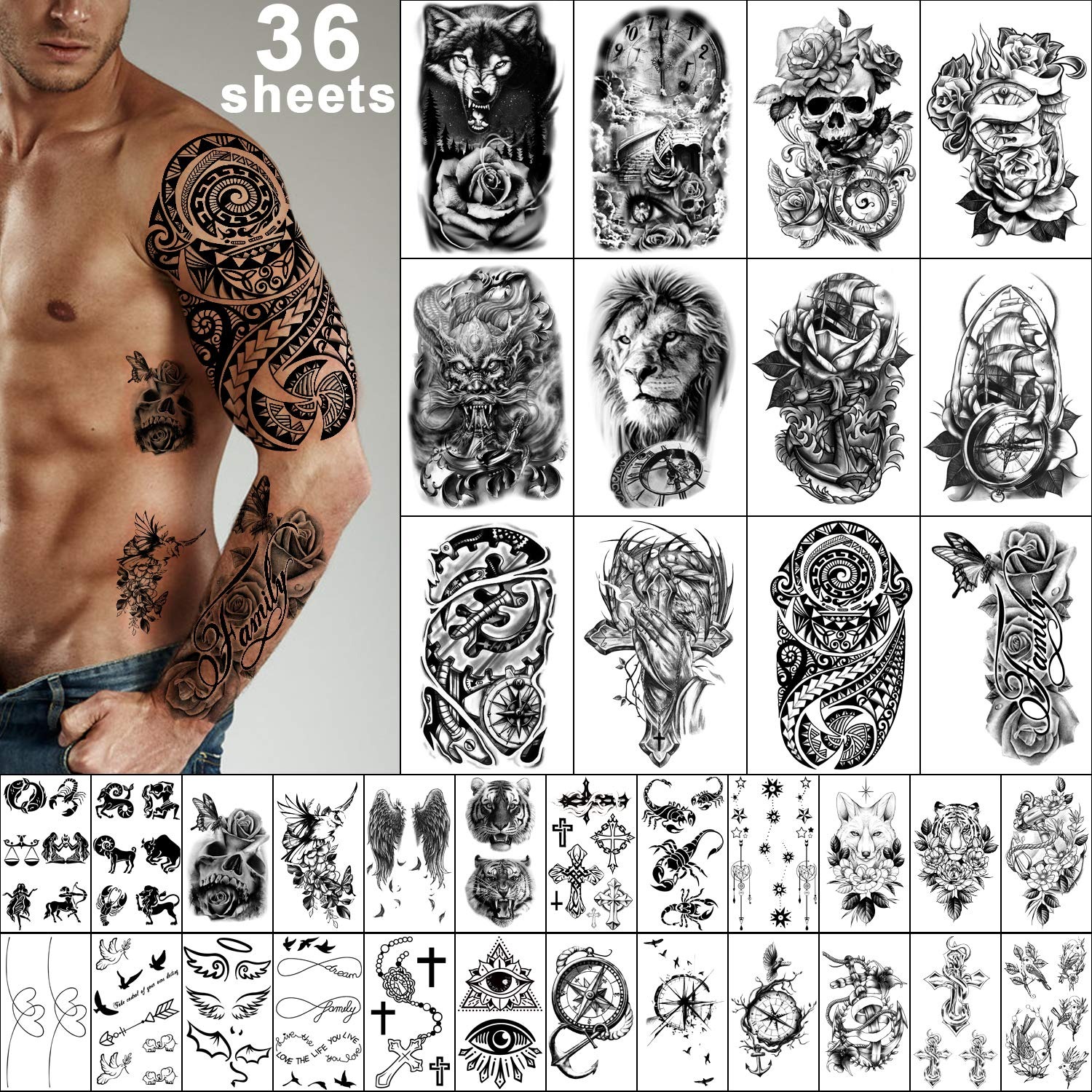 36 Sheets Temporary Tattoo Stickers