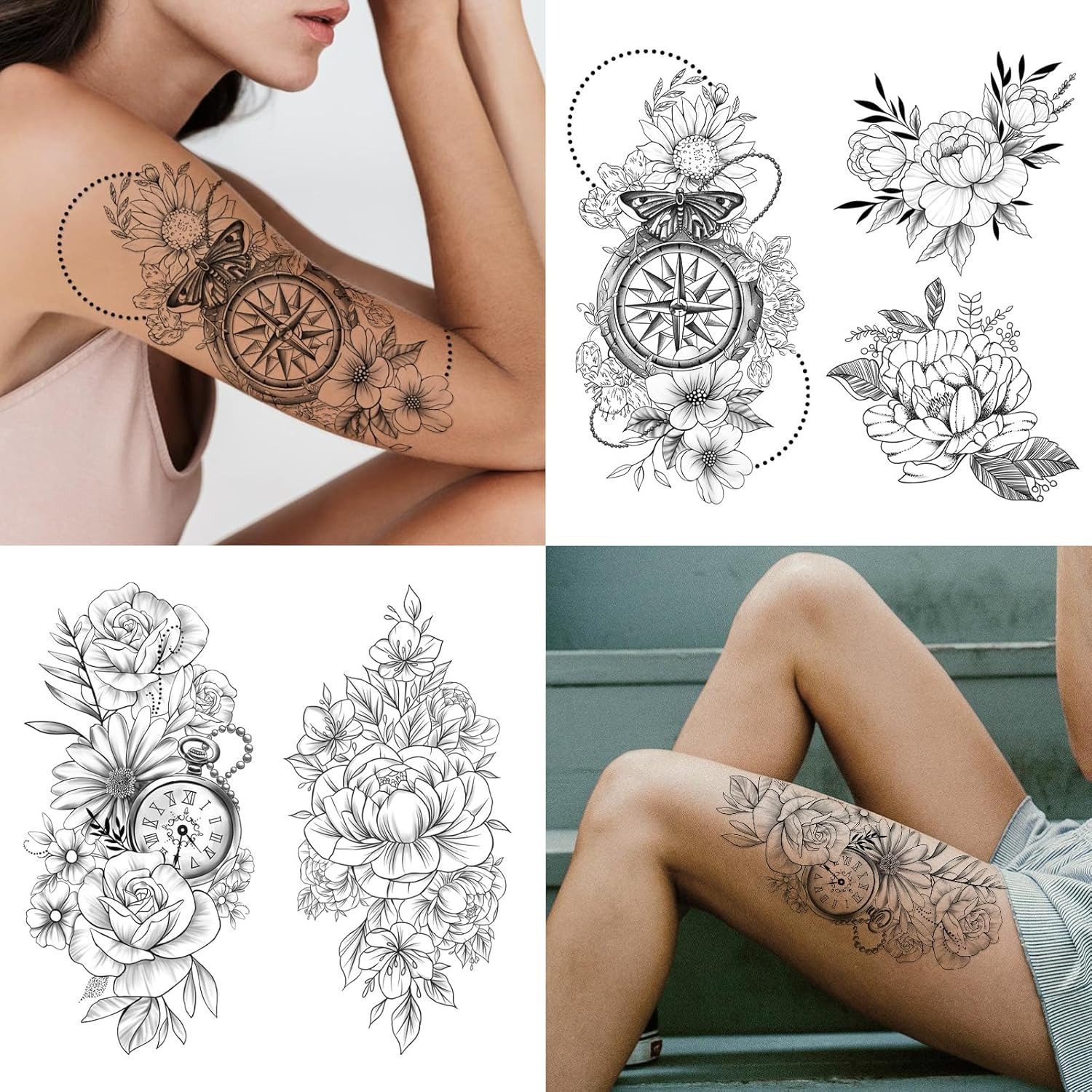 Floral Compass Temporary Tattoo Set