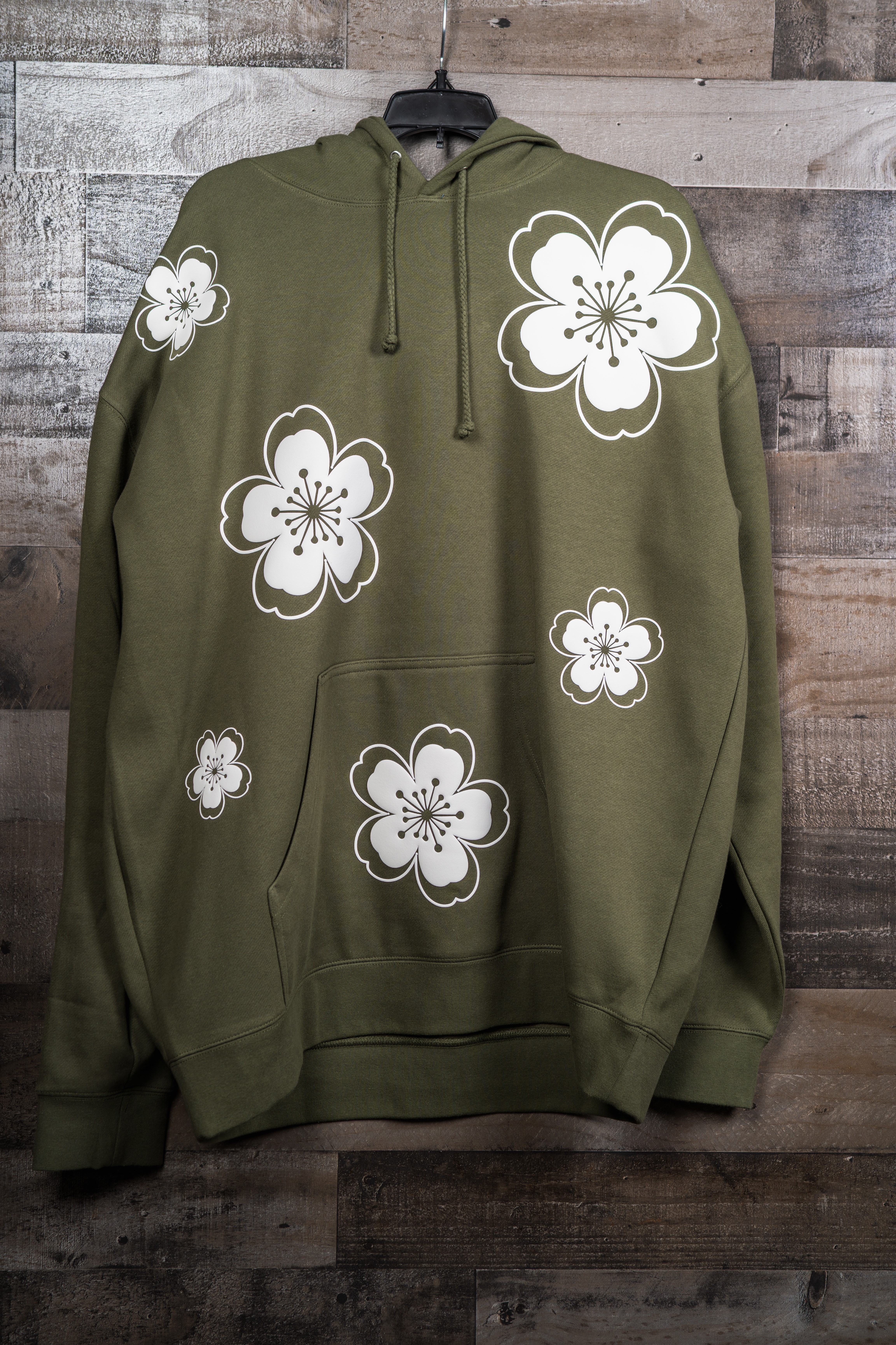 Cherry Blossom (Sakura) Hoodie Olive - Puff Print (White)