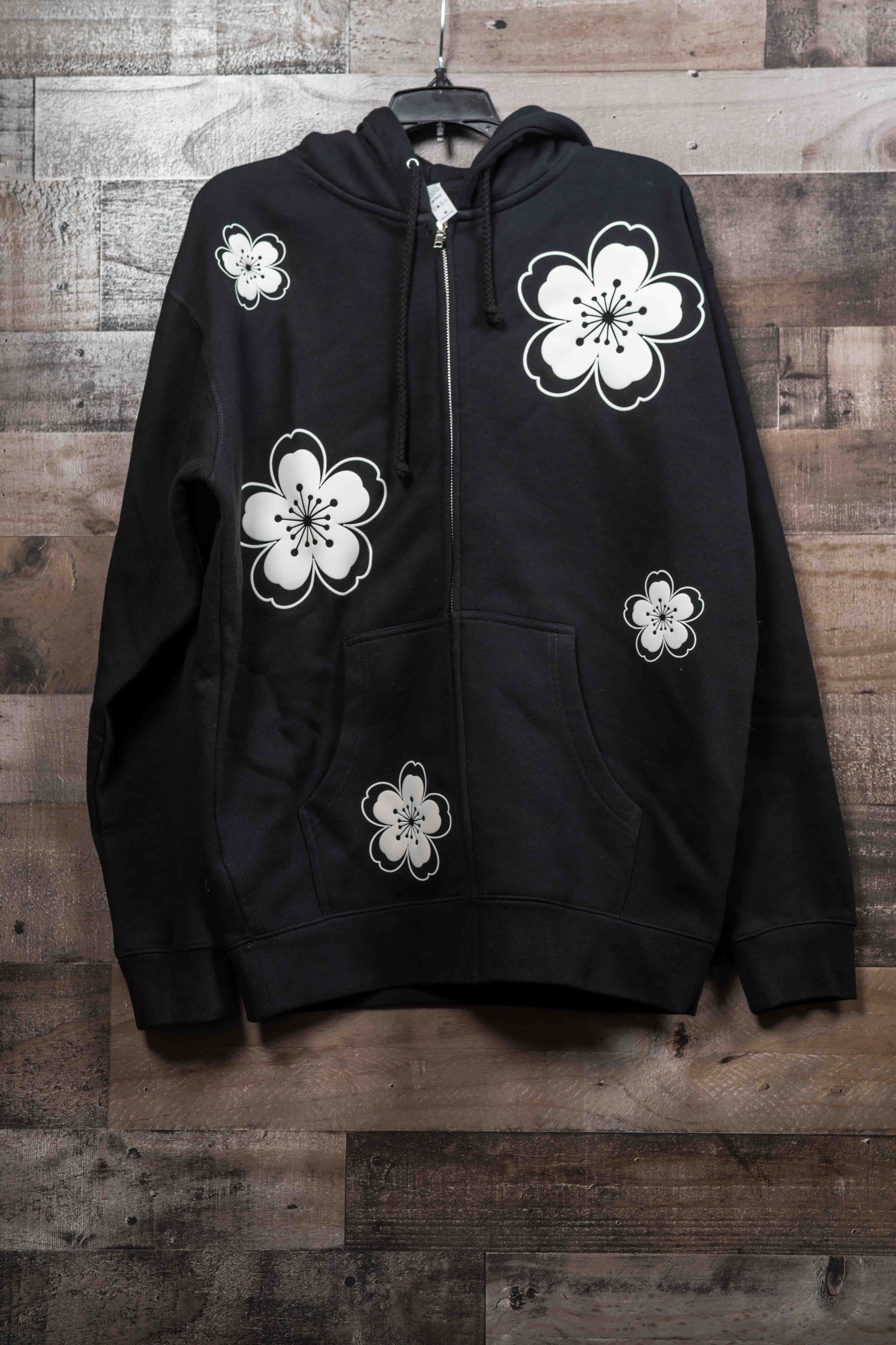Hibiscus Hoodie (Zip Up) - Puff Print (Black and White)