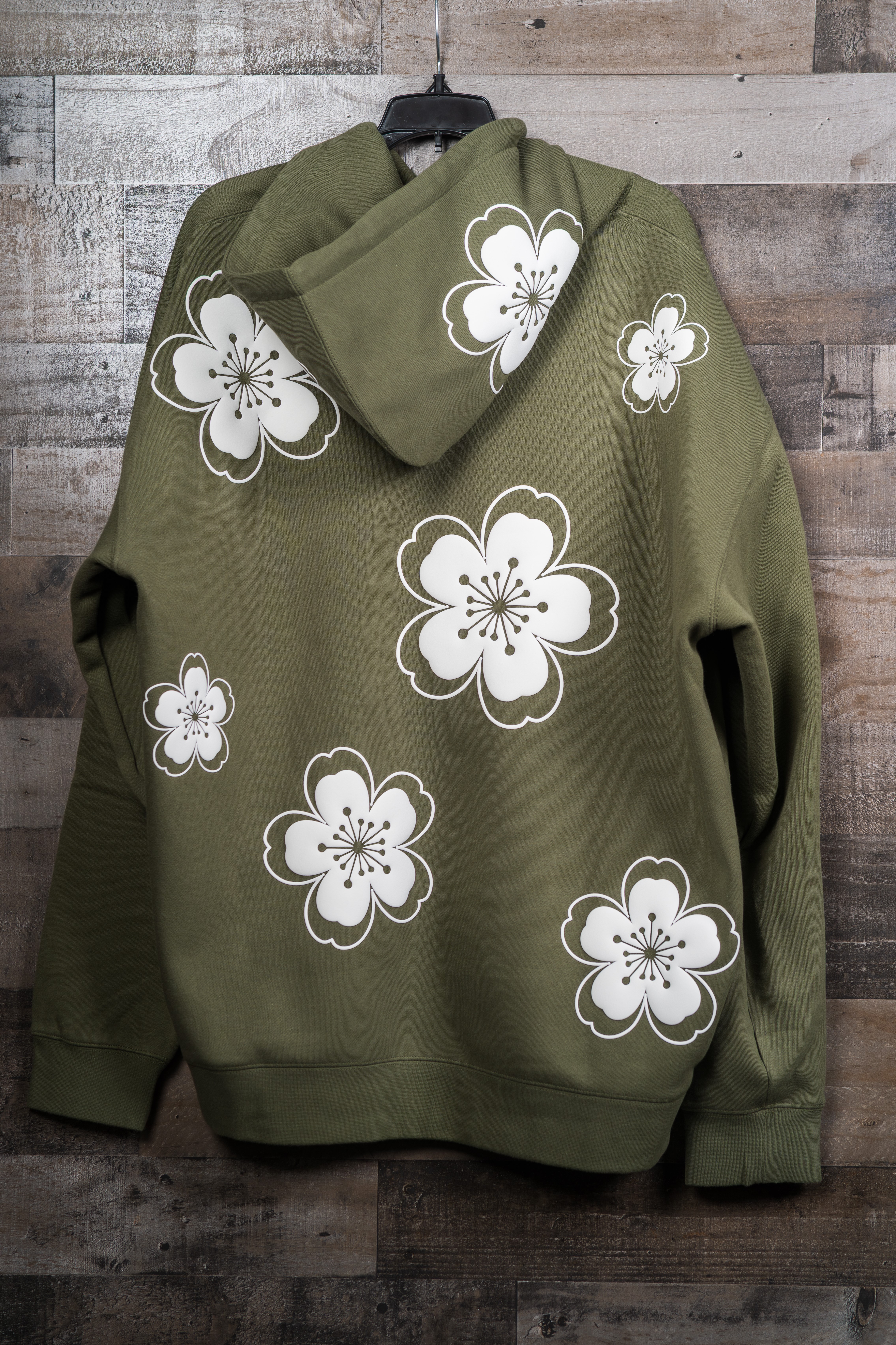 Cherry Blossom (Sakura) Hoodie Olive - Puff Print (White)
