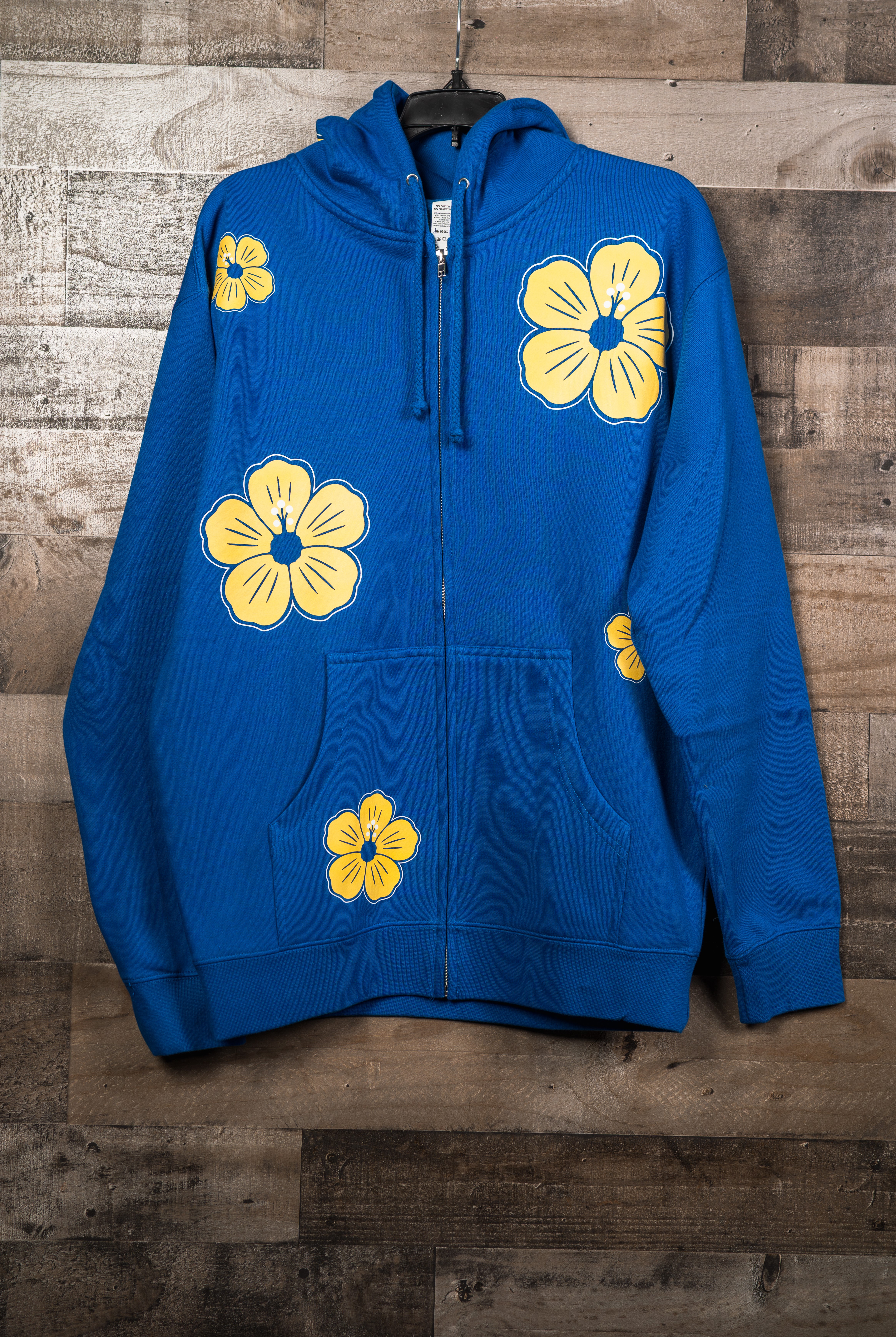 Hibiscus Hoodie (Zip Up) - Flat Print (Blue and Yellow)