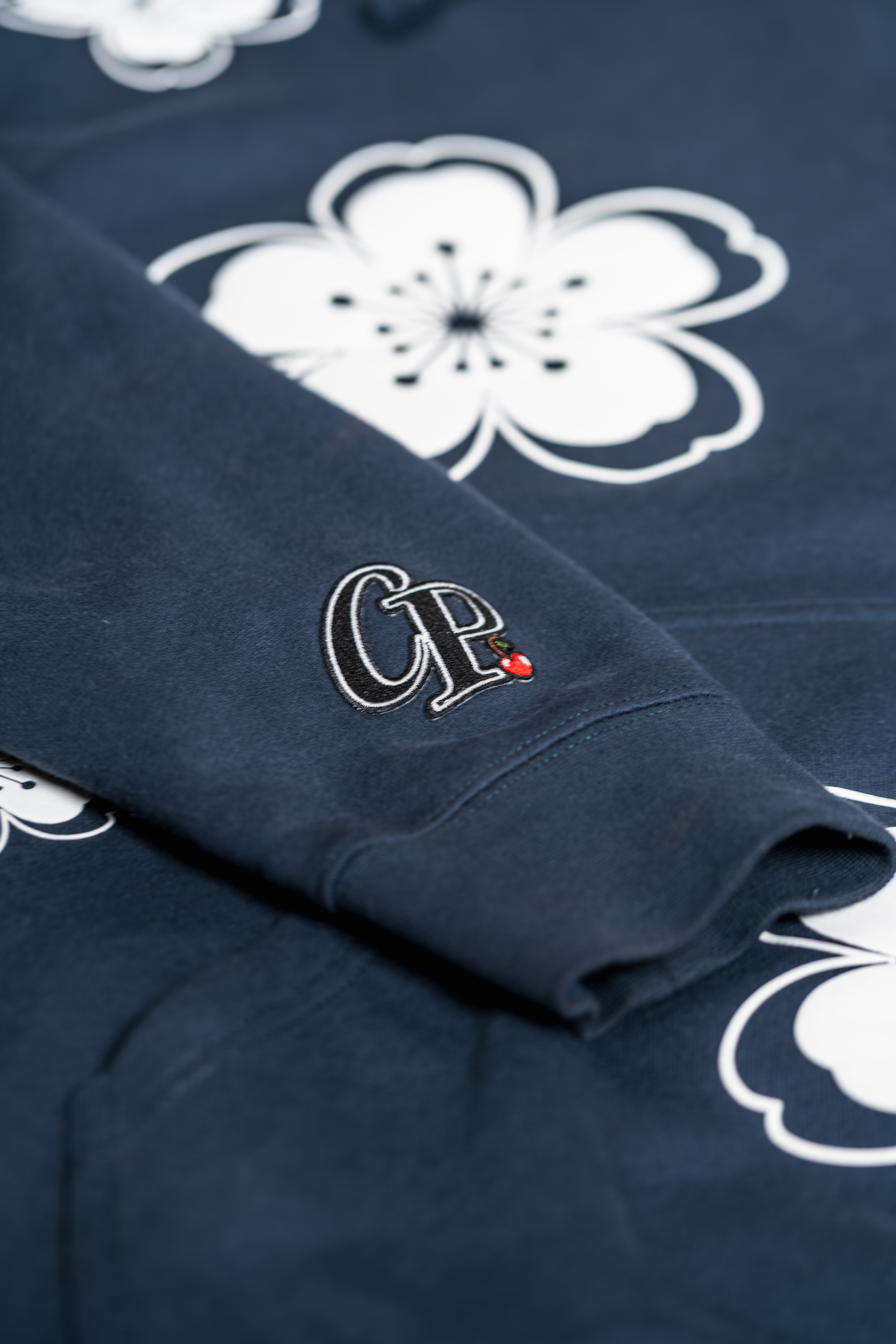 Cherry Blossom (Sakura) Hoodie Slate Blue - Puff Print (White)