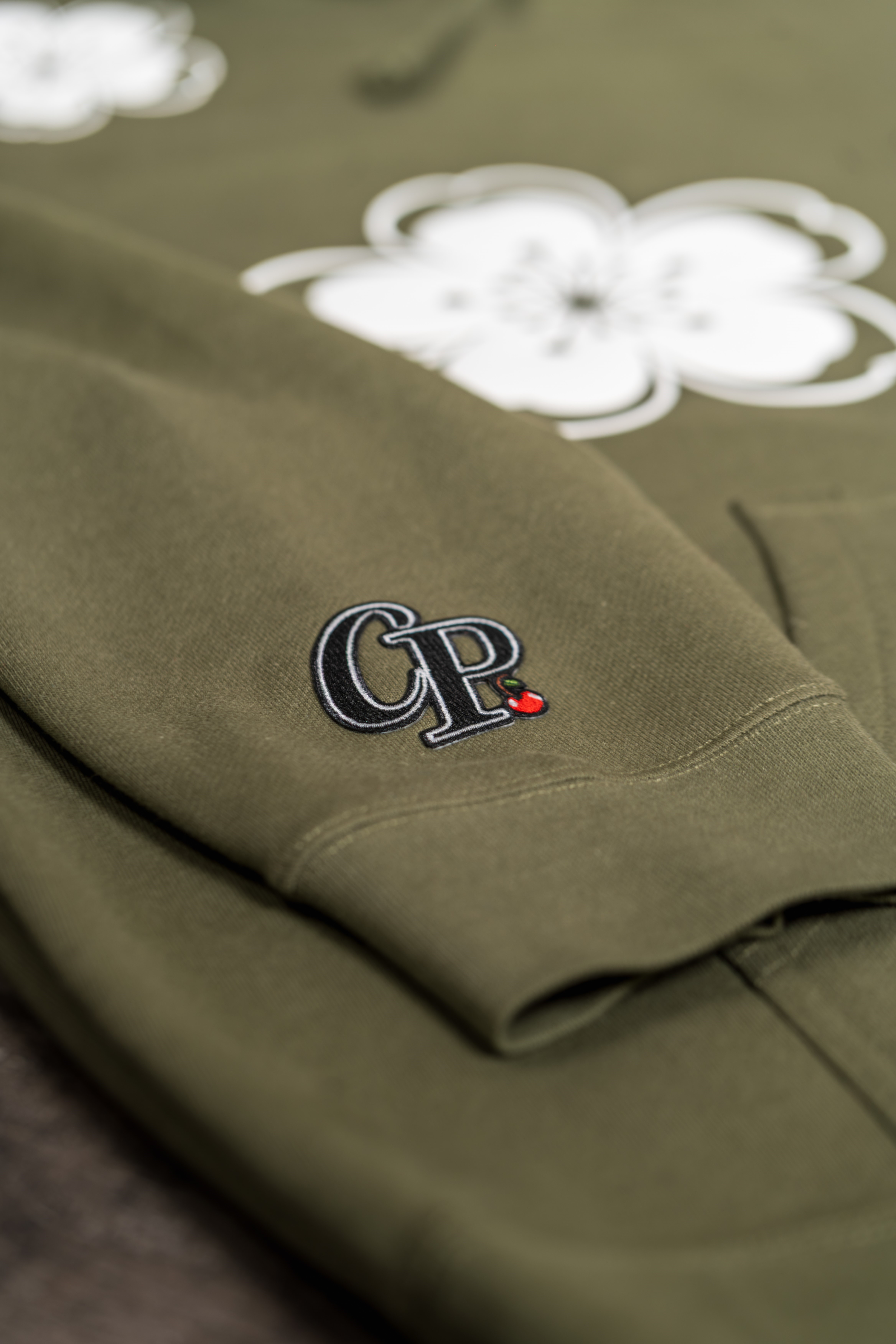 Cherry Blossom (Sakura) Hoodie Olive - Puff Print (White)