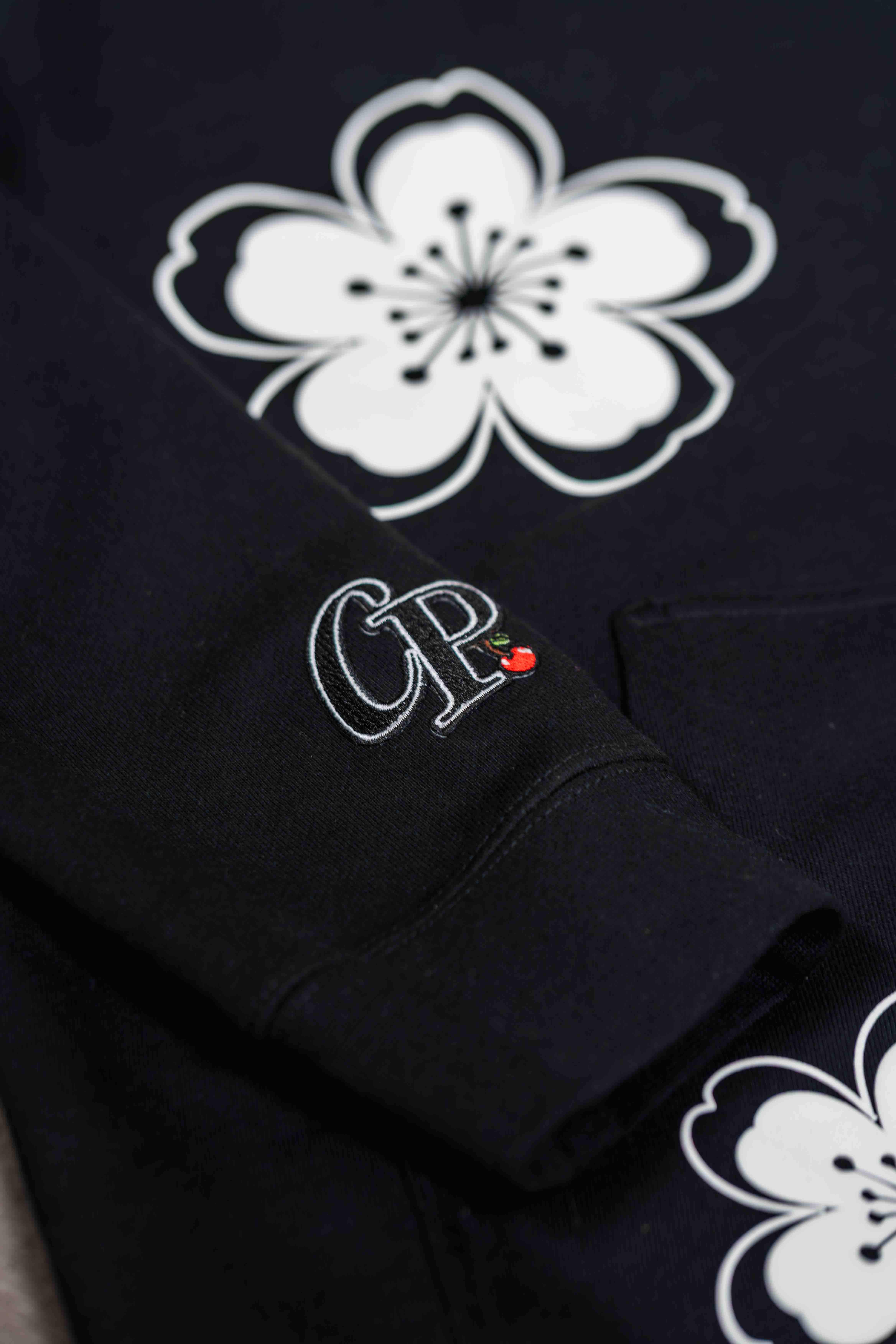 Hibiscus Hoodie (Zip Up) - Puff Print (Black and White)