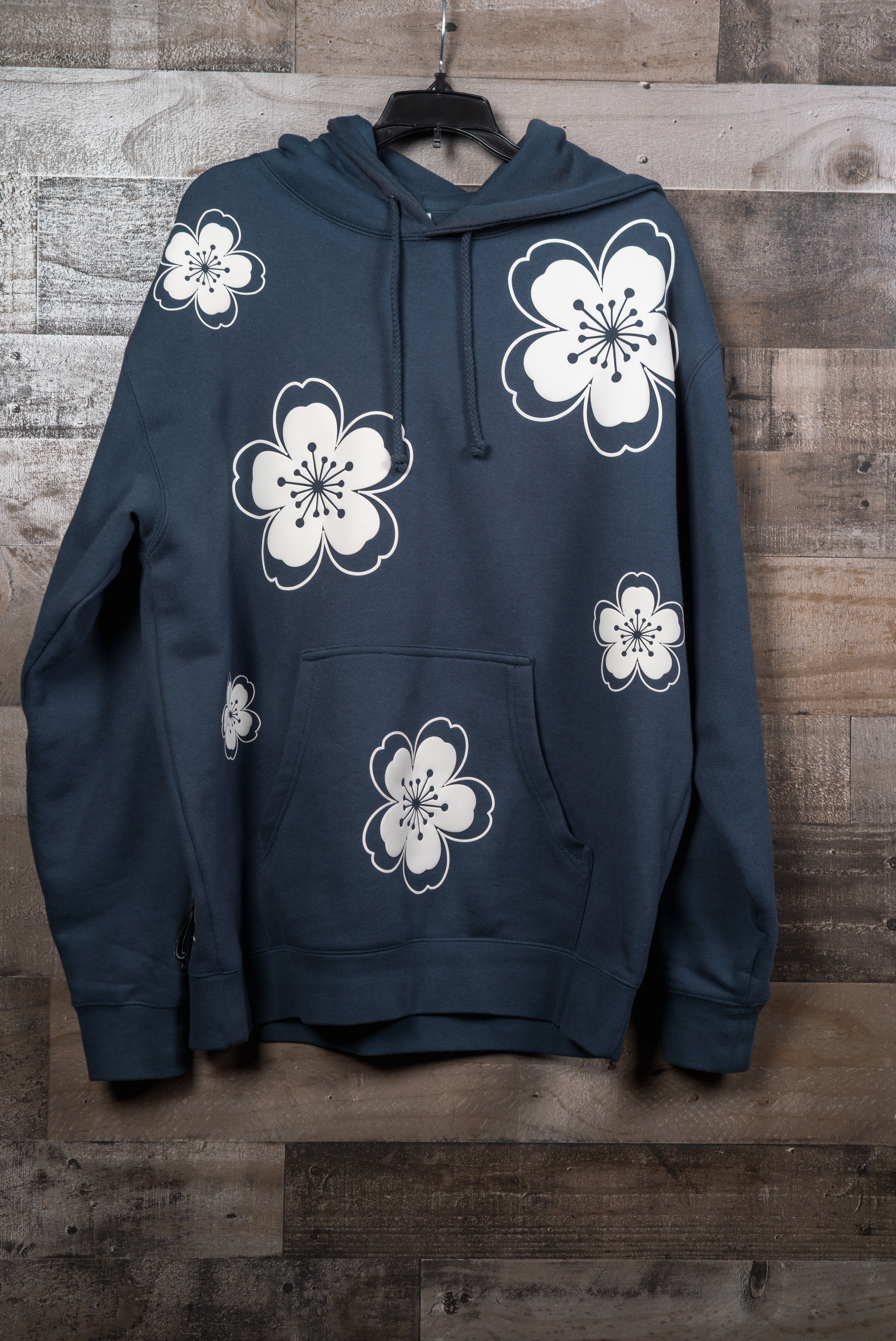 Cherry Blossom (Sakura) Hoodie Slate Blue - Puff Print (White)