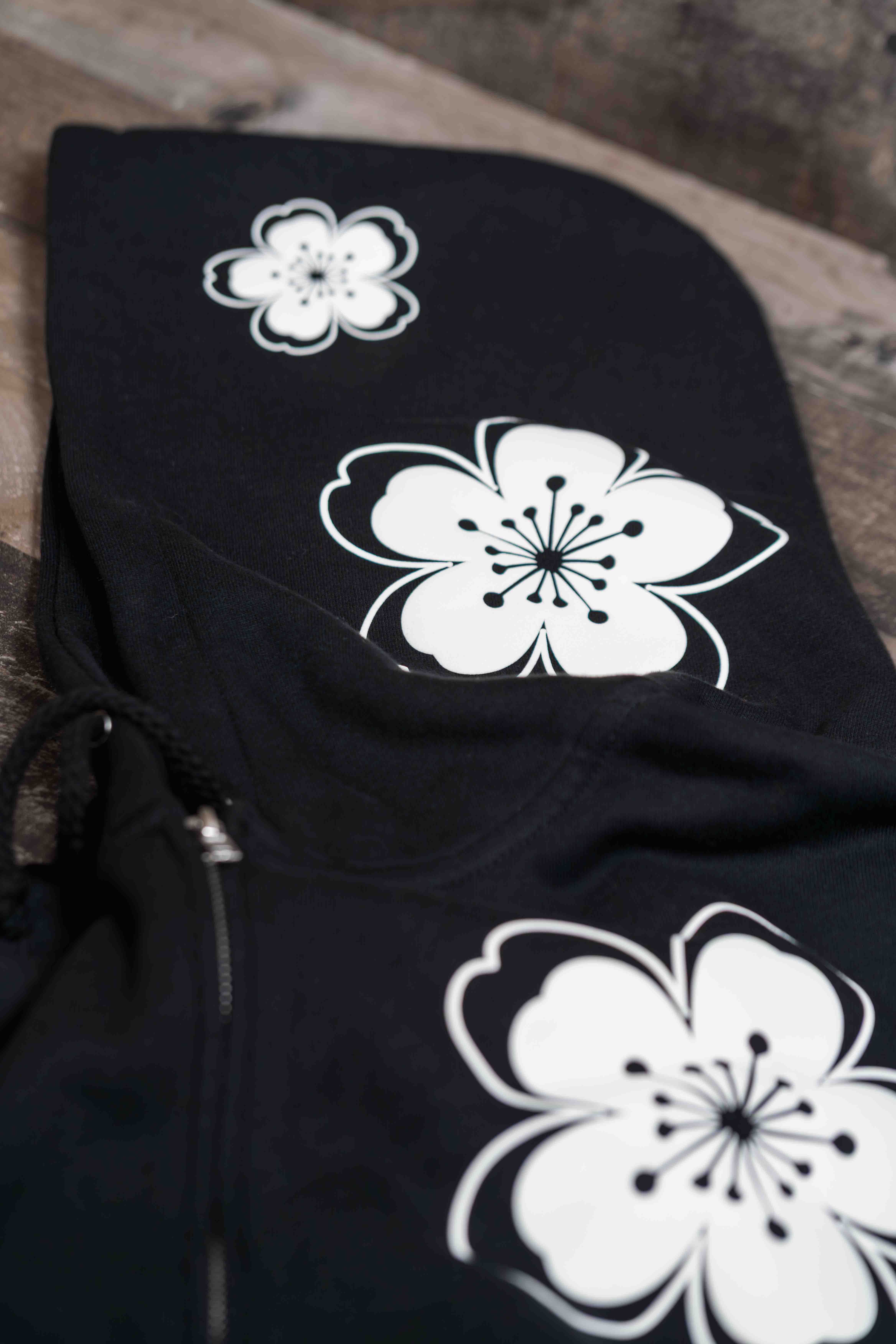 Hibiscus Hoodie (Zip Up) - Puff Print (Black and White)
