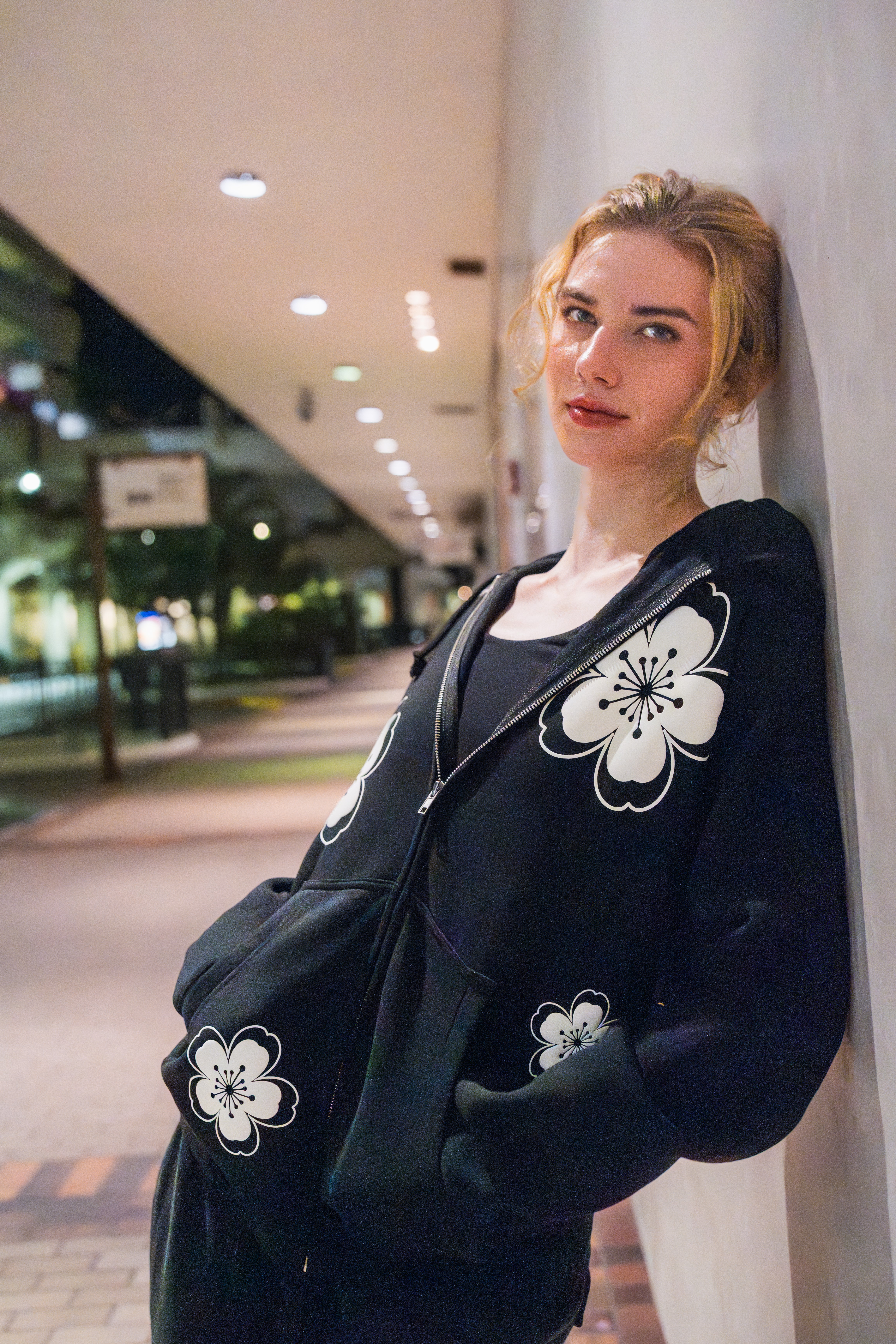 Hibiscus Hoodie (Zip Up) - Puff Print (Black and White)