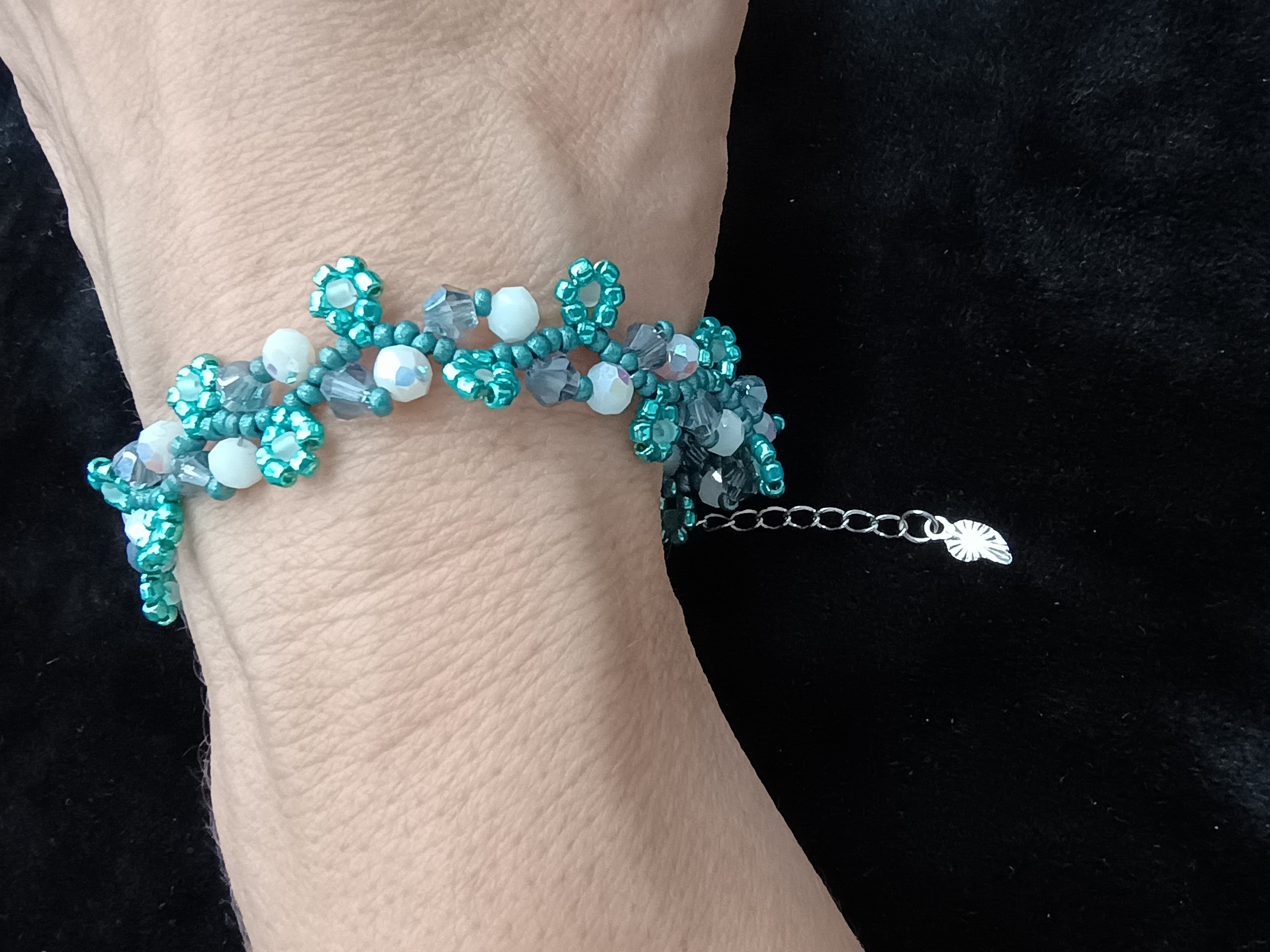 Blue Flower Bracelet with White Crystals