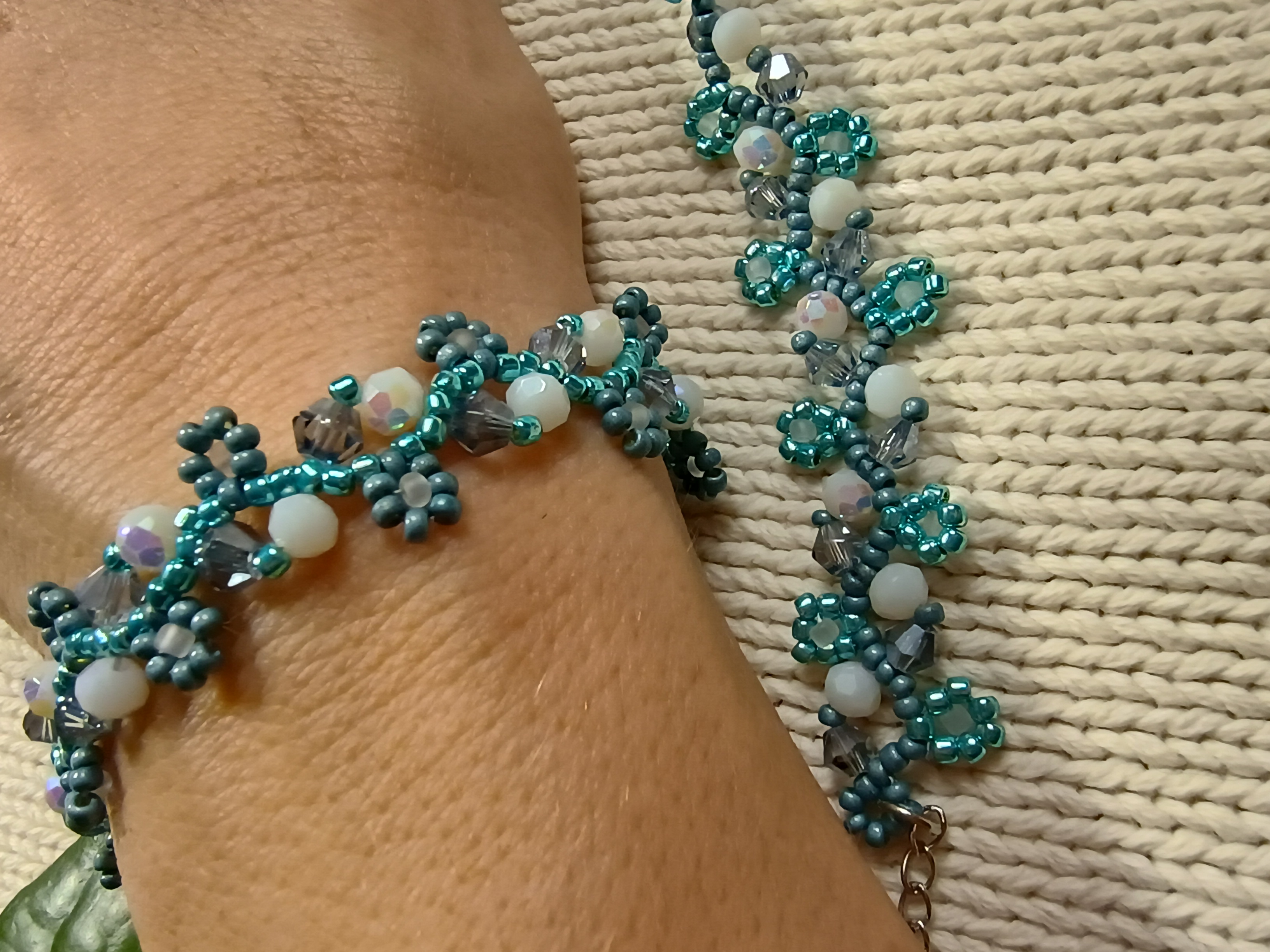 Blue Flower Bracelet with White Crystals