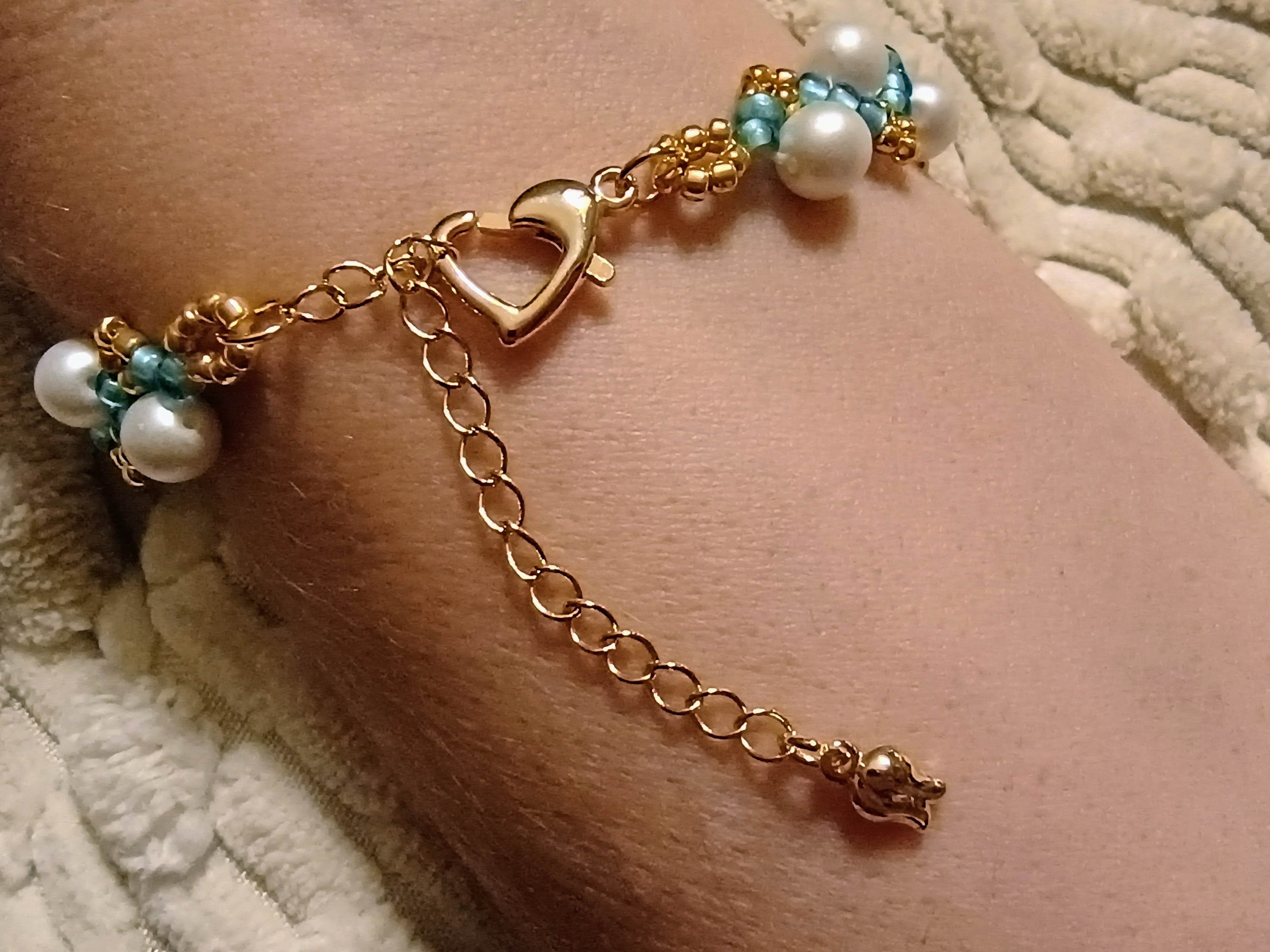 Elegant Glass Pearl & Bead Zigzag Bracelet in white, blue and gold with heart clasp