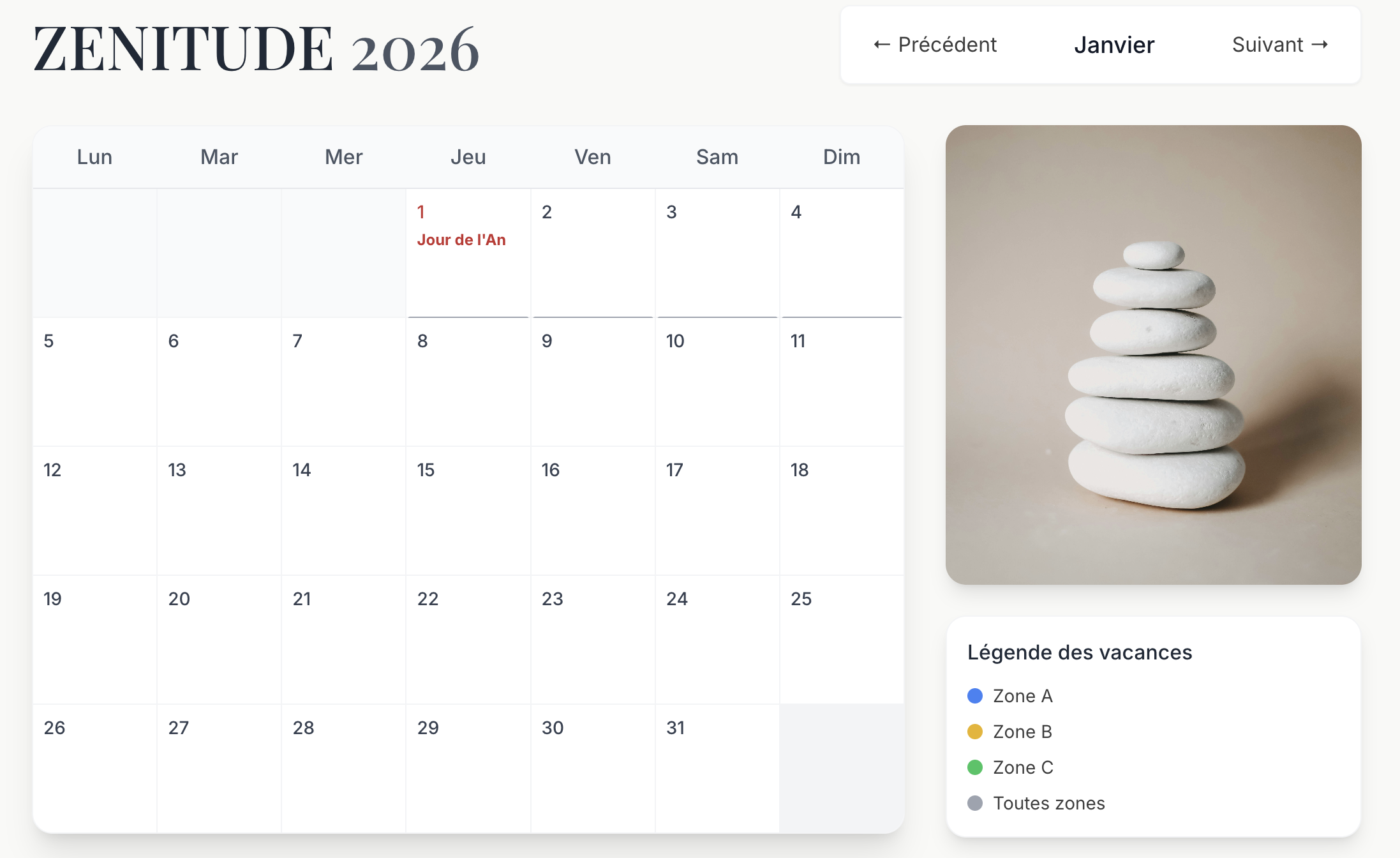 Le Calendrier ZENITUDE 2026