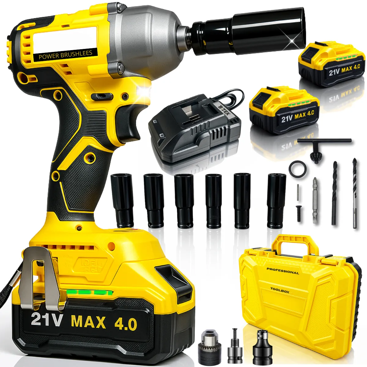 Parafusadeira Furadeira Chave De Impacto 21v Brushless 350nm 2 Baterias 4.0ah Led Controle De Velocidade Maleta Premium Kit Completo Potente Profissional Carro Caminhão Moto Industrial Mecânica
