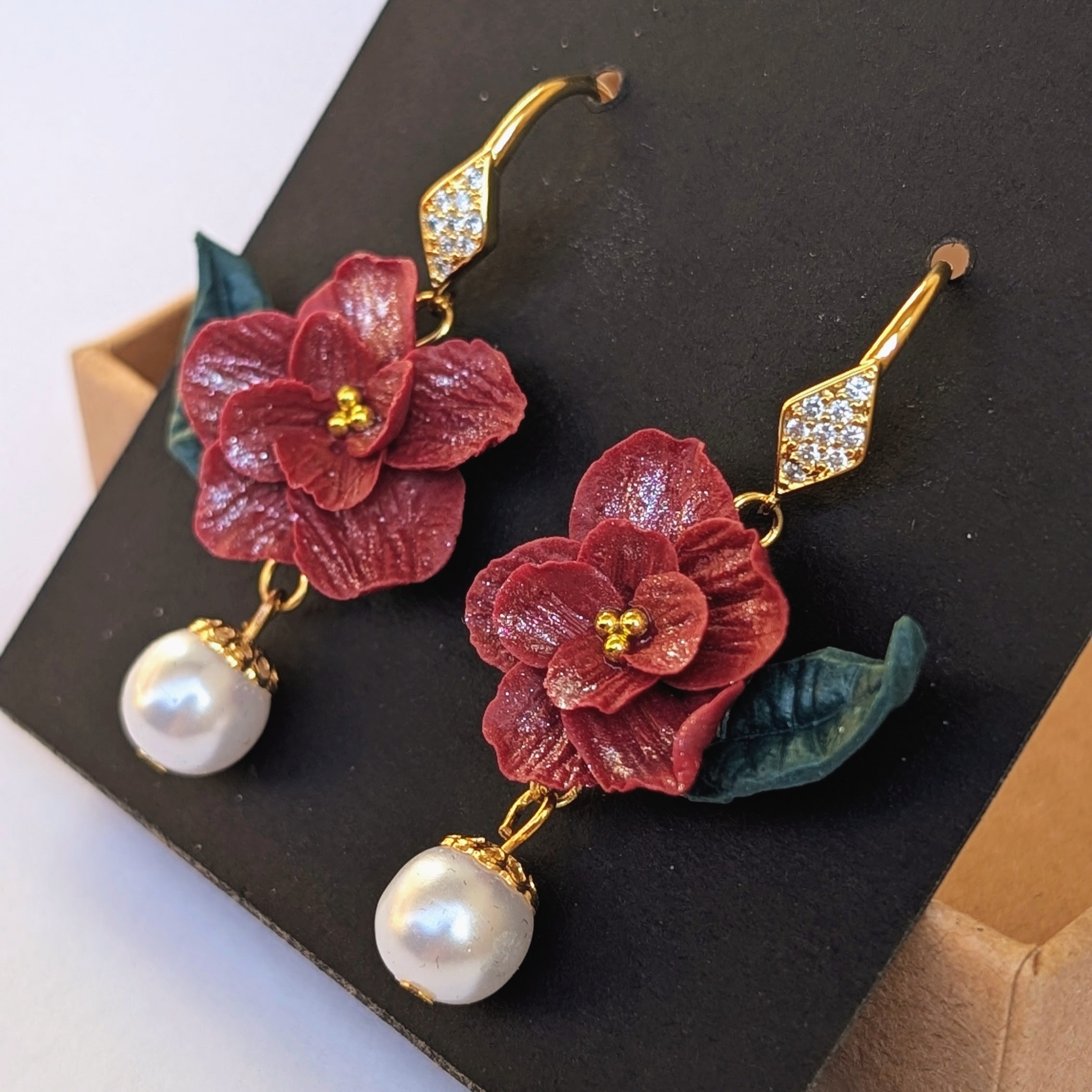 Burgundy Floral & Leaf Drop Earrings
