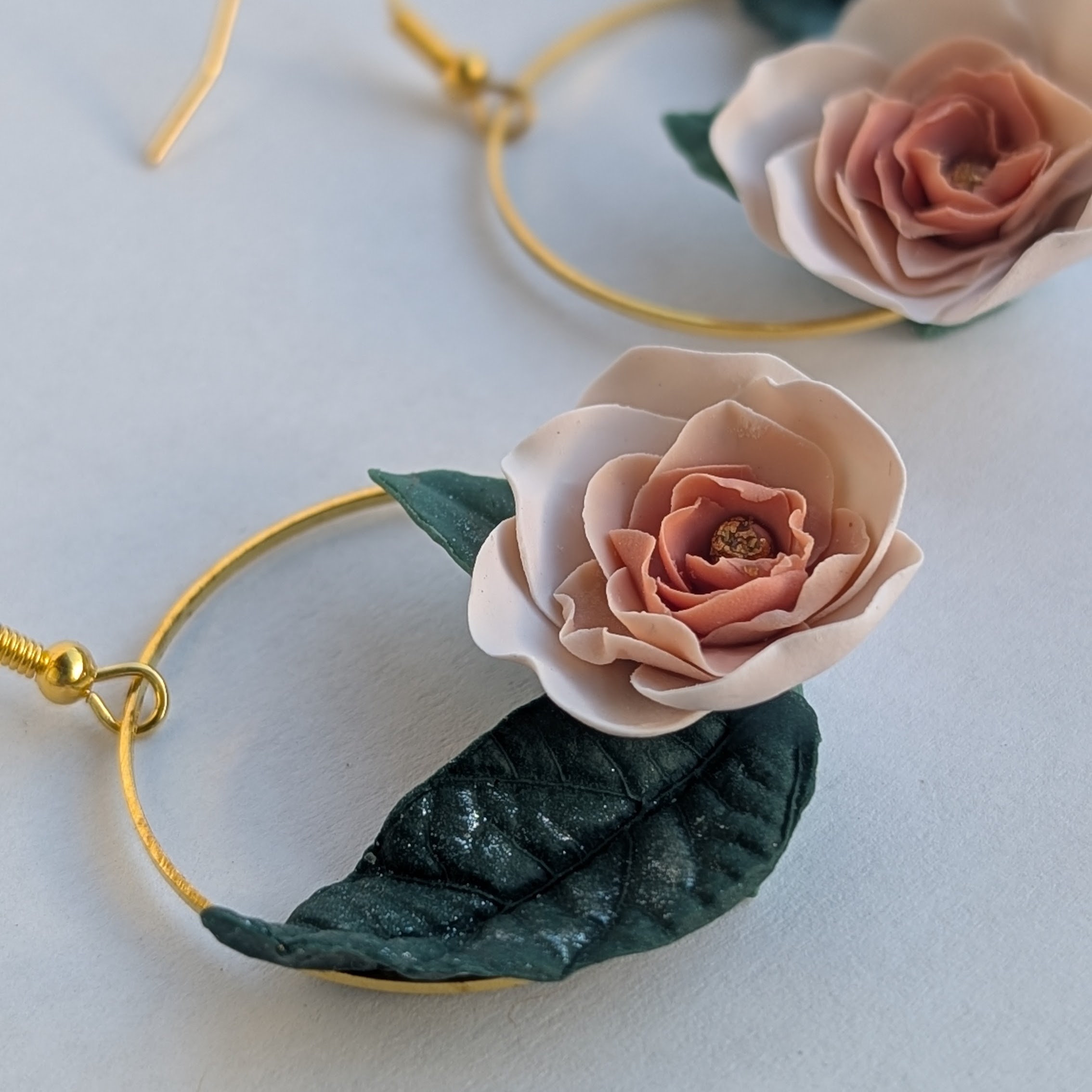 Blush Rose & Forest Leaf Hoop Earrings