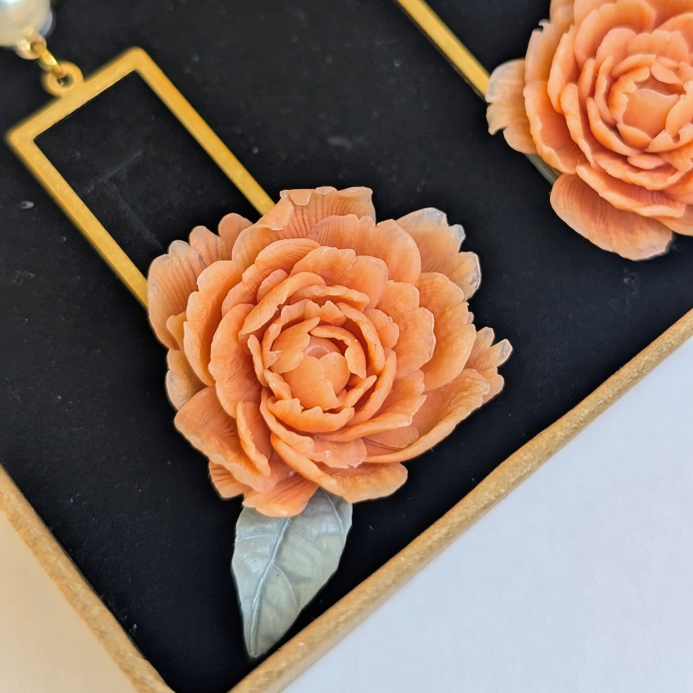 Peach Floral & Rectangular Geometric Drop Earrings