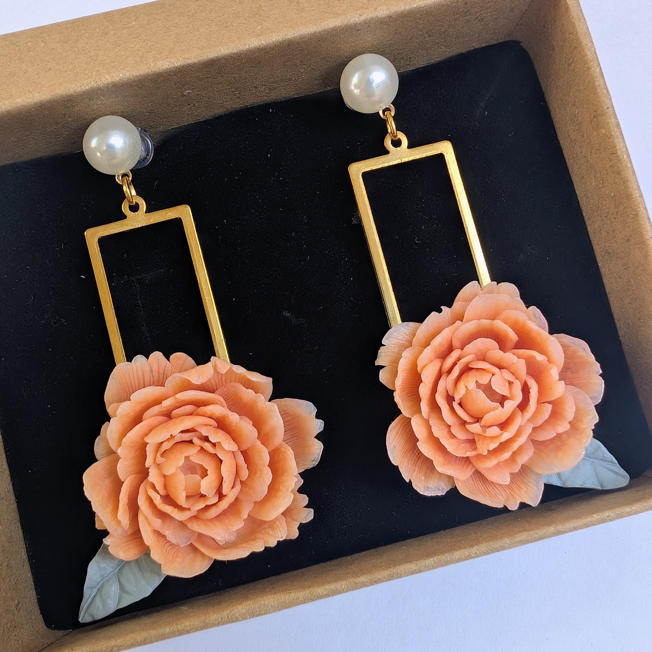 Peach Floral & Rectangular Geometric Drop Earrings