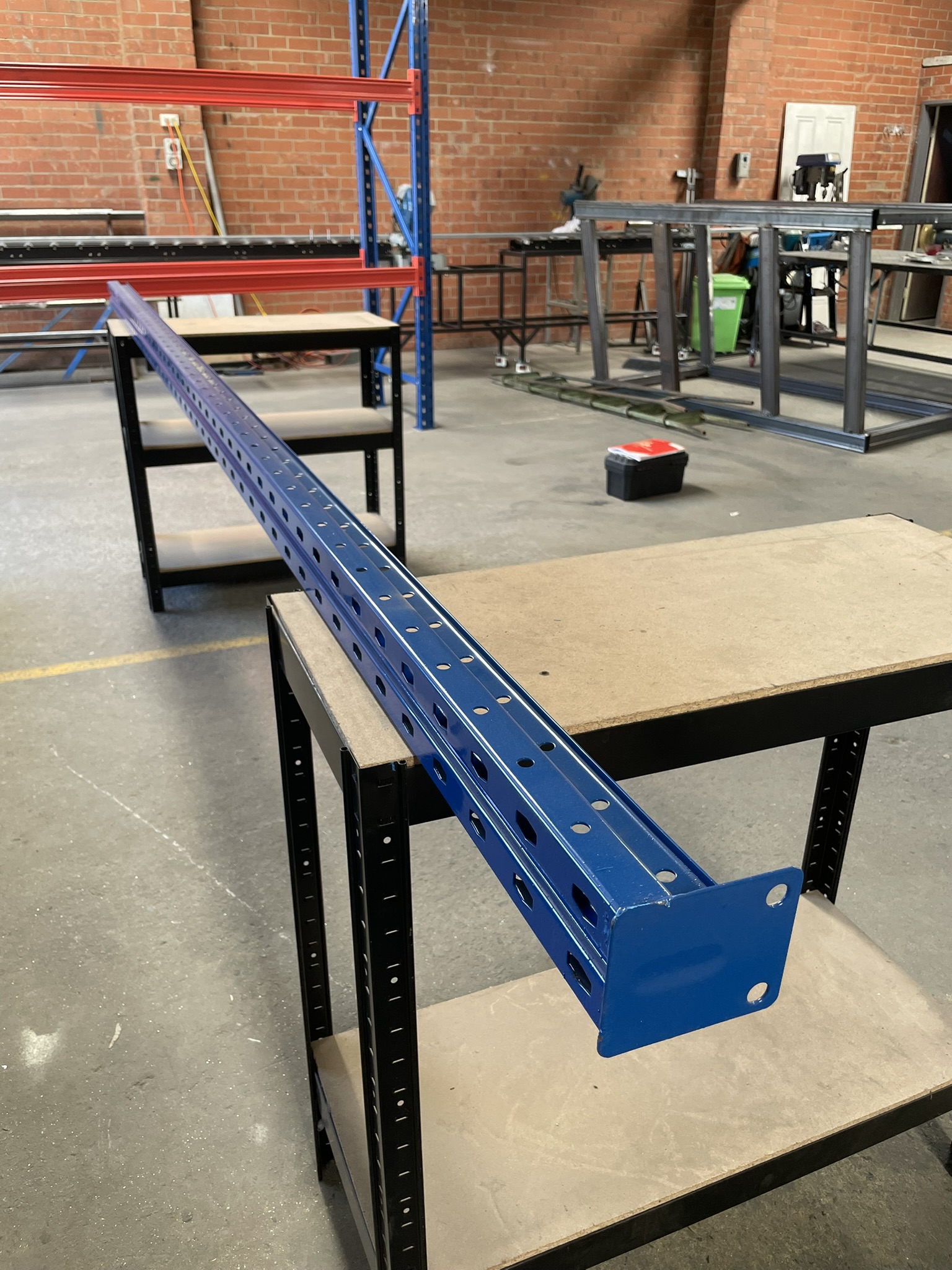 Column (3675mm H x 90x68x1.8mm, 1500kg UDL, with Base Plates 120x100mm, 2x 14mm Holes, powder-coated blue)