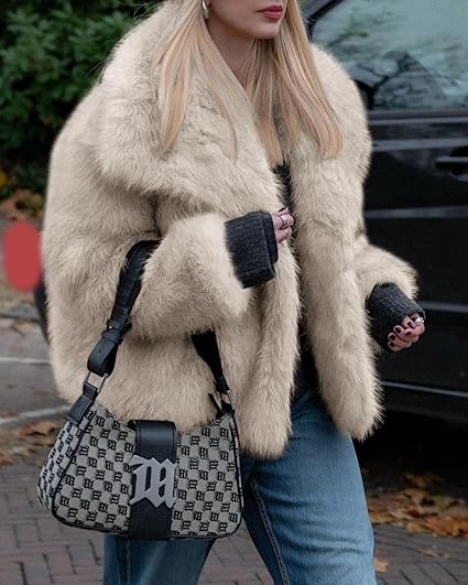 Women's faux fur coat, winter furry casual oversized lapel jacket