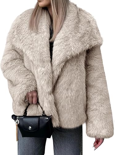 Women's faux fur coat, winter furry casual oversized lapel jacket