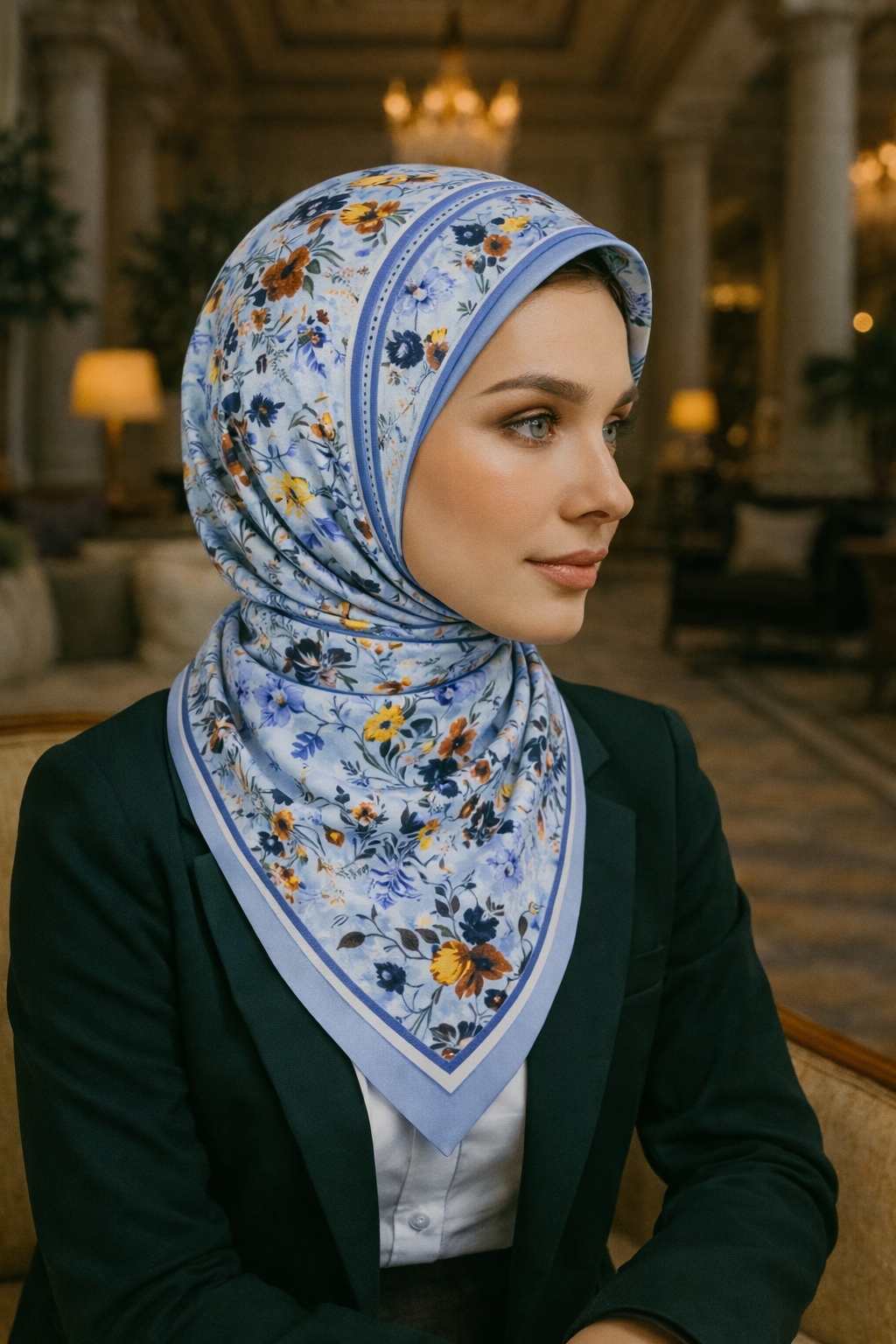 Açık Mavi Fon Üzerinde Çiçek Desenli Fular