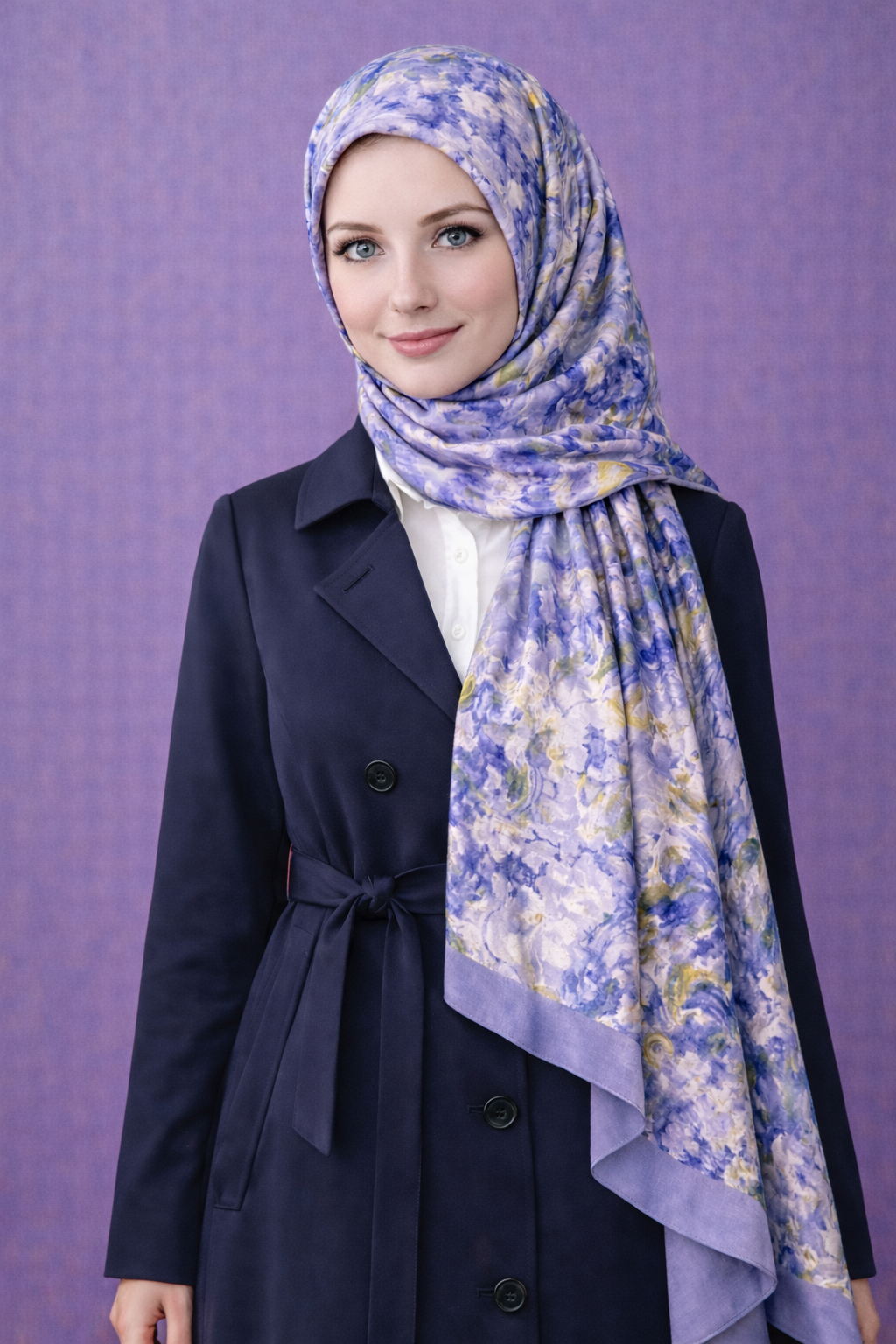 Mavi Tonlarıyla Tasarlanmış Çiçek Desenli Twill İpek Eşarp