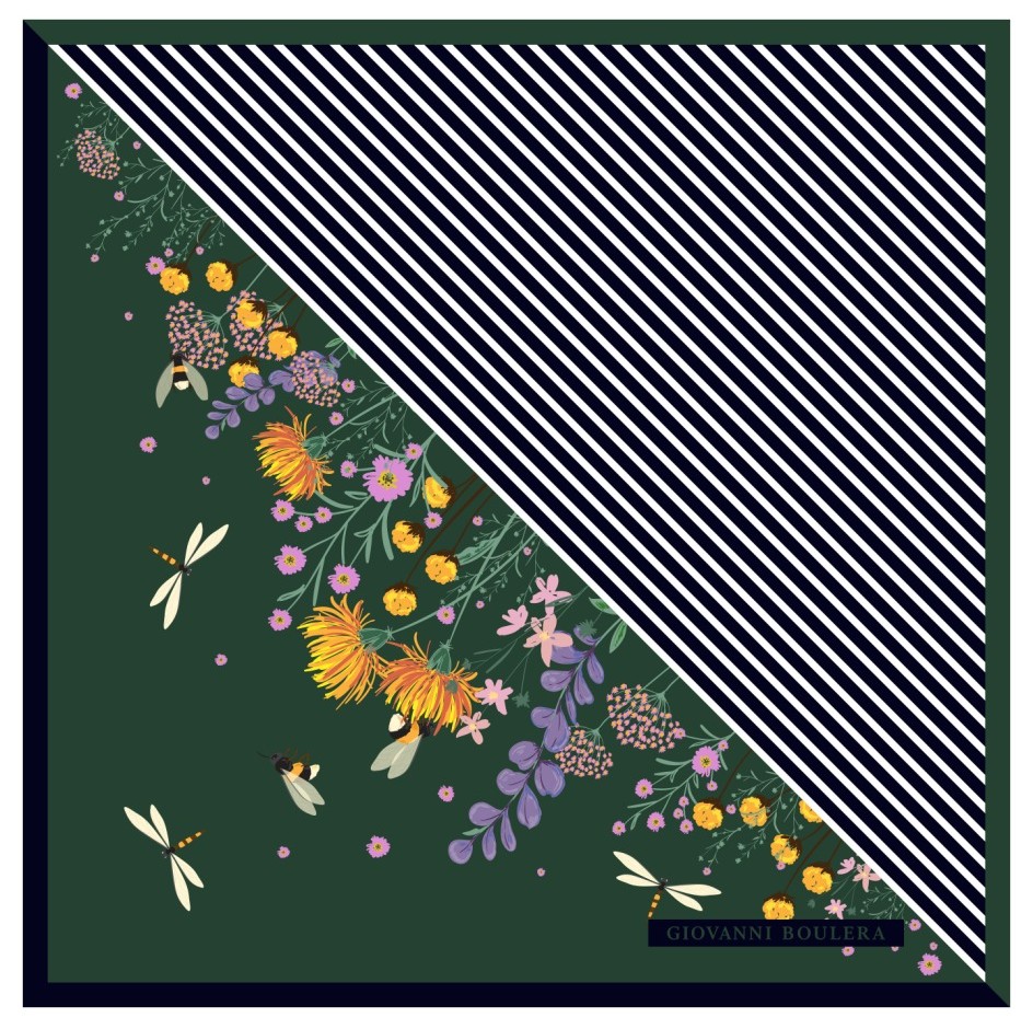 Modern Çizgilerle Tasarlanmış Yeşil Desenli Twill İpek Eşarp