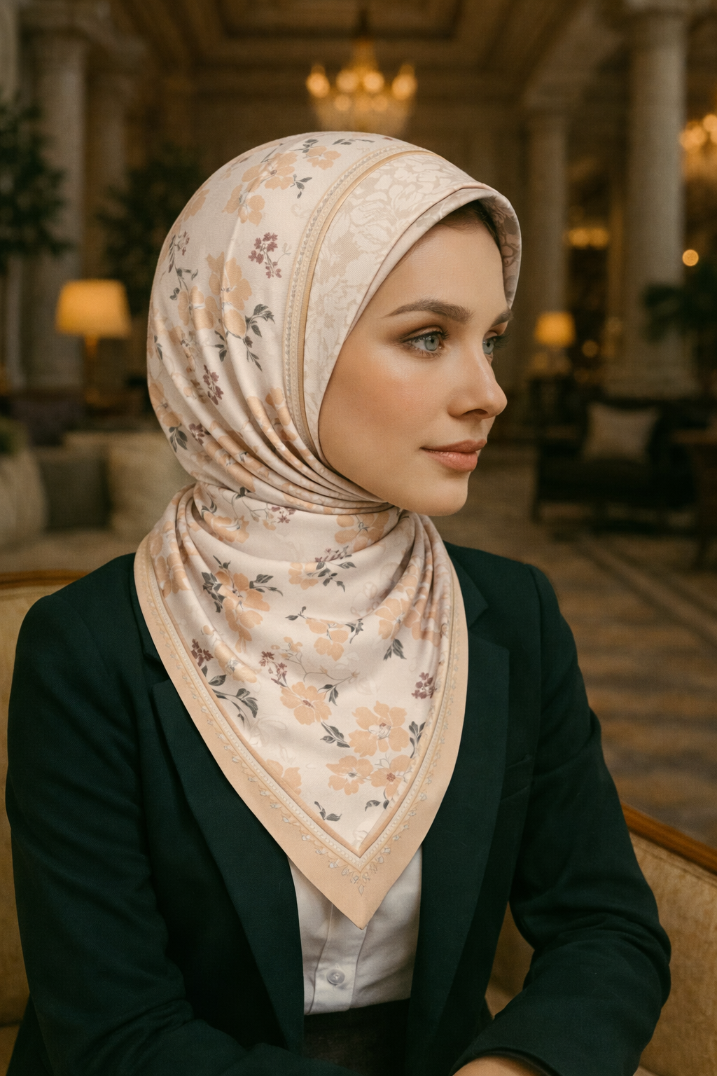 Krem Zeminli Çiçek Desenli Eşarp