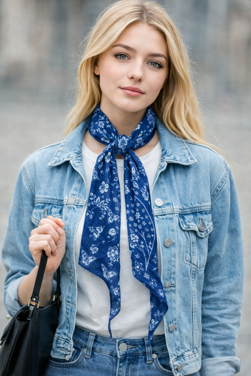 Mavinin Tonlarıyla Tasarlanmış Çiçek Desenli Twill İpek Fular