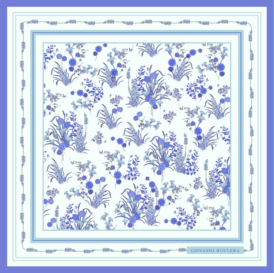 Mavi Ton Desenli Çiçekli Şal