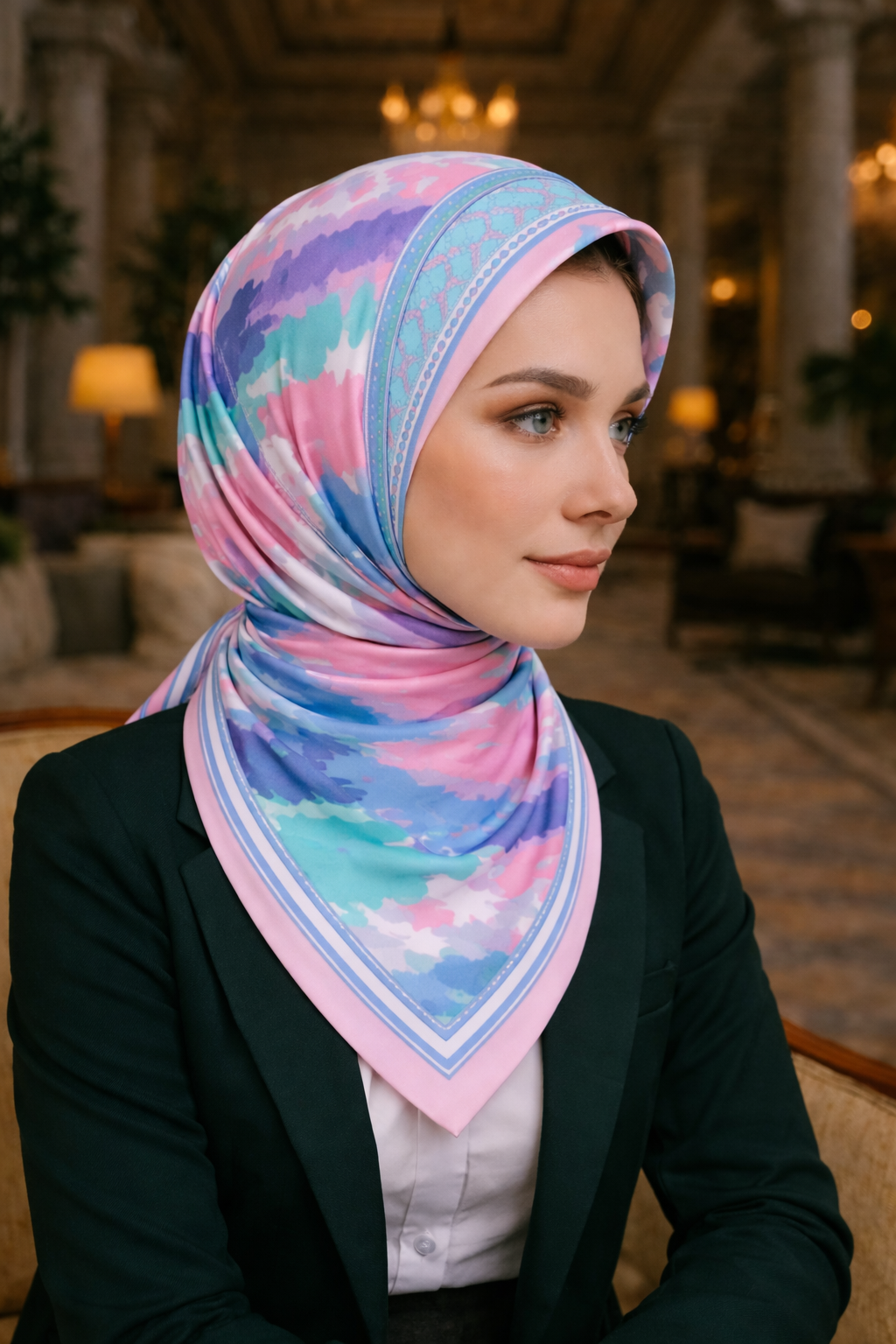 Mavi Pembe Desenli İpek Fular