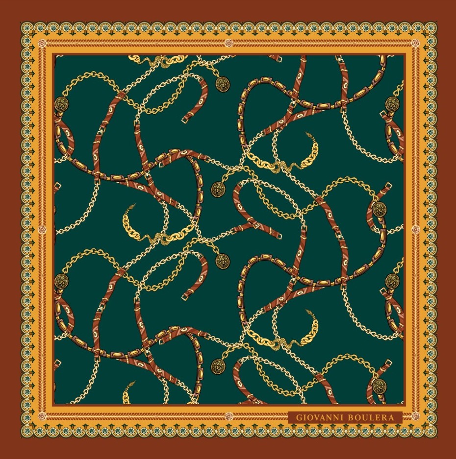 Petrol Yeşili Üzerine Zincir Desenli Twill  İpek Eşarp