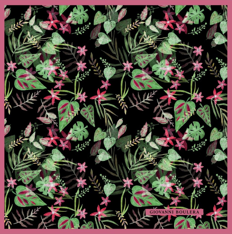 Siyah Yeşil Tonlu Çiçek Desenli Twill İpek Eşarp