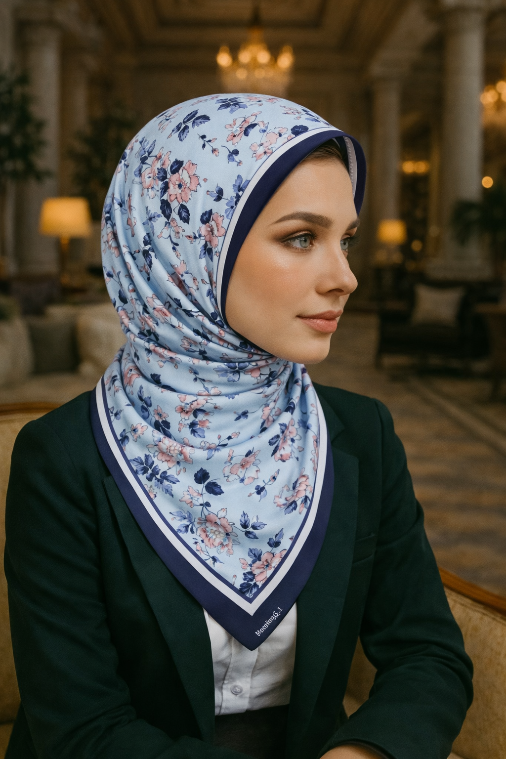 Mavi Tonlarla Tasarlanmış Çiçek Desenli Twill İpek Eşarp