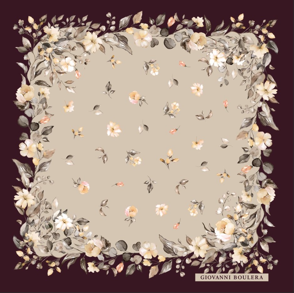 Koyu Kiremit Ve Lila Renkli Çiçek Desenli Giovanni Boulera Twill İpek Eşarp 