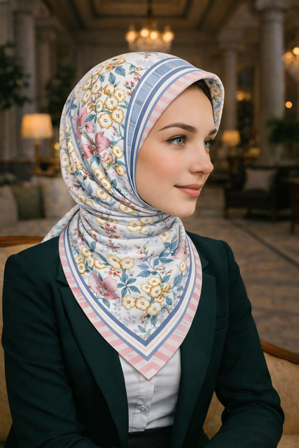 Giovanni Boulera Mavi Çizgili Çerçeveli Çiçek Desenli Twill İpek Eşarp